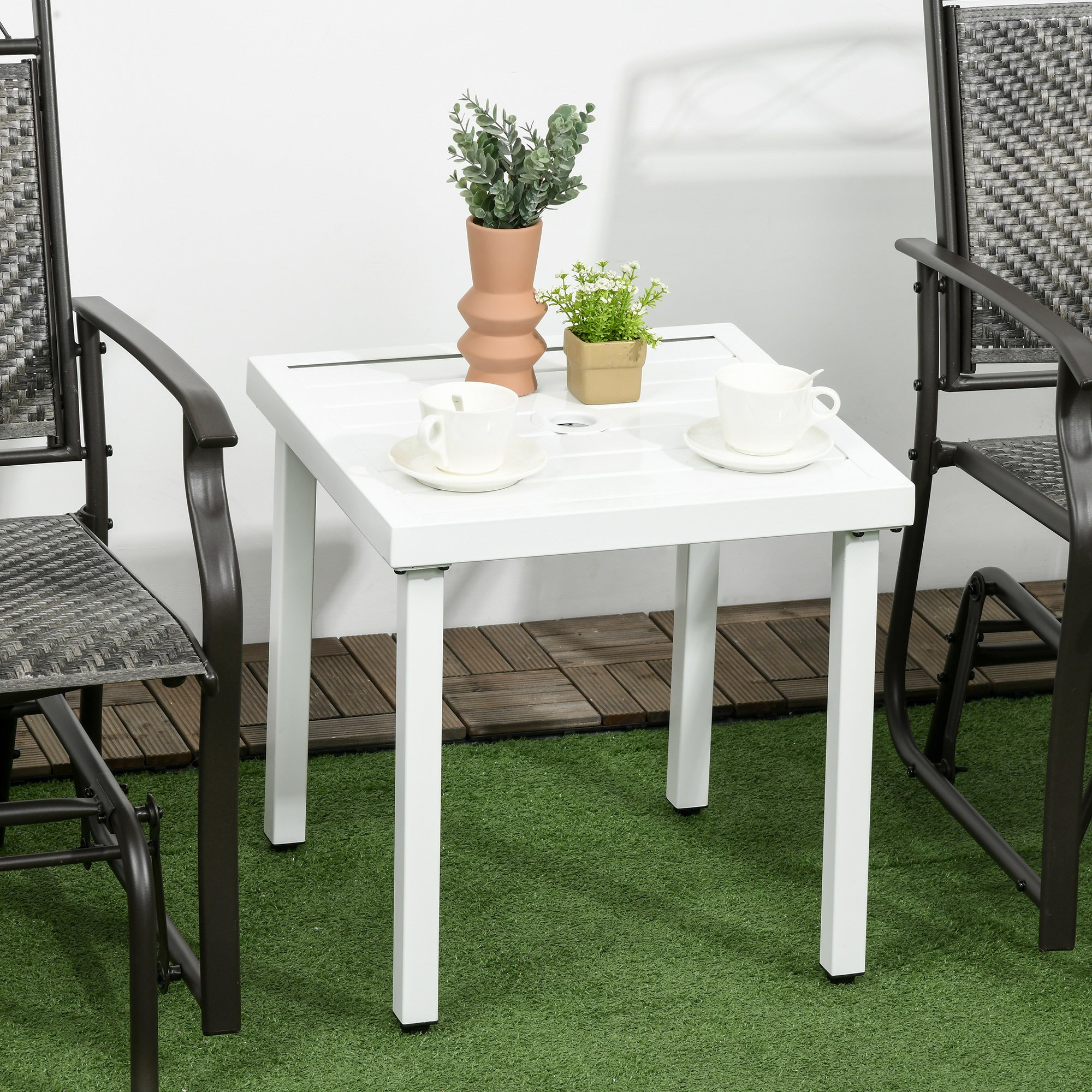 Outsunny Garden Side Table End Table Patio Coffee Table with Umbrella Hole, Steel Frame for Balcony, White