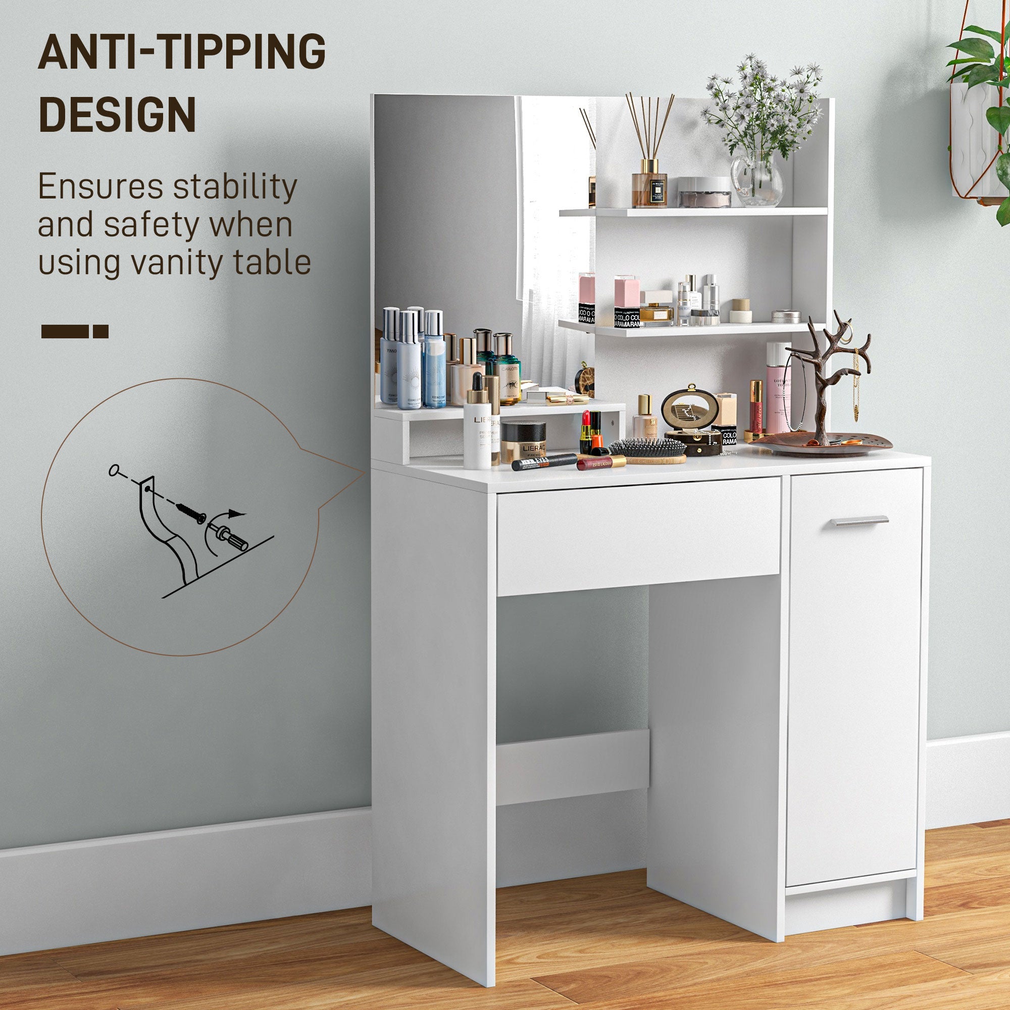 HOMCOM Dressing Table and Stool Set, with Storage - White