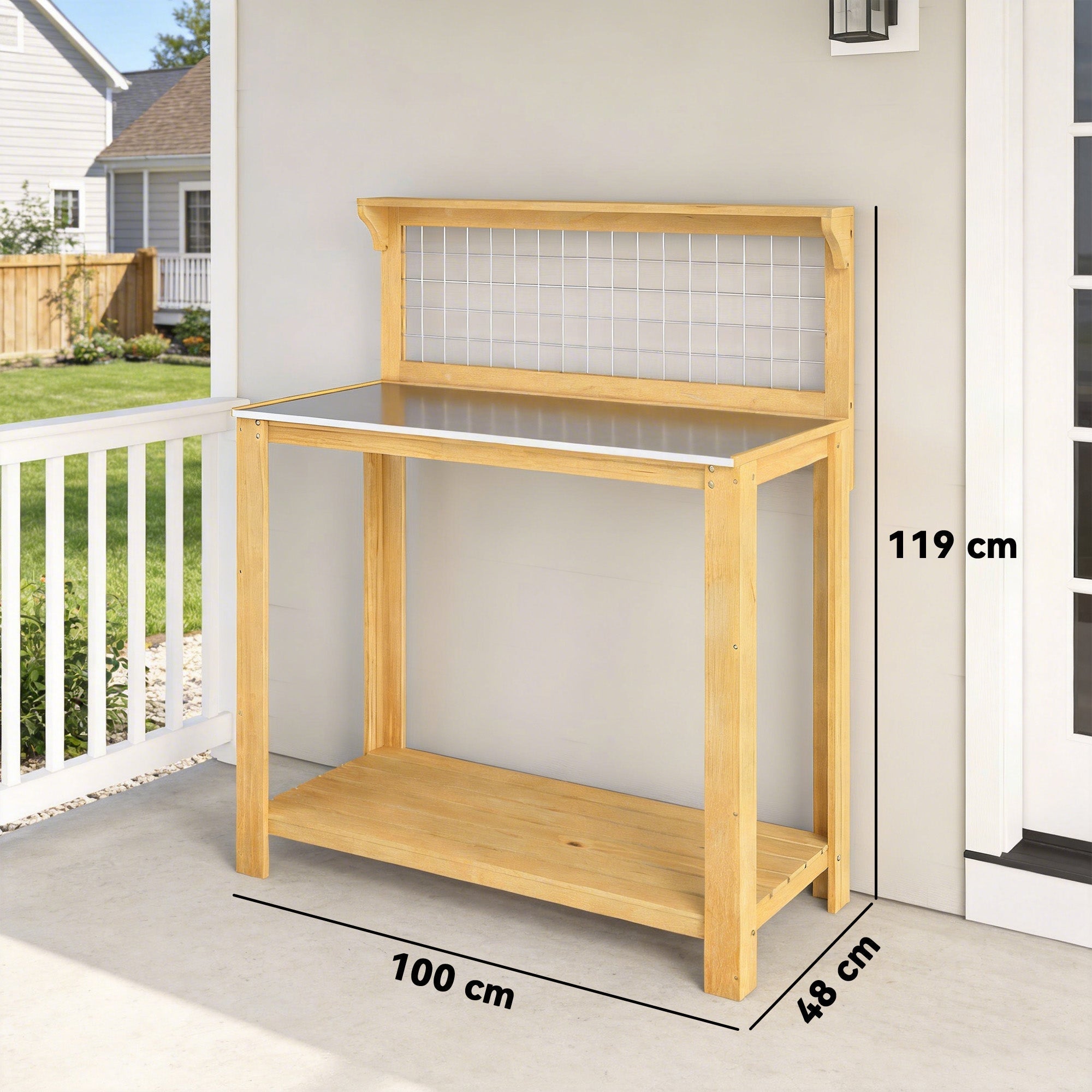 Outsunny Wooden Potting Bench Table with Aluminium Worktop, Outdoor Garden Workbench with 2 Shelves