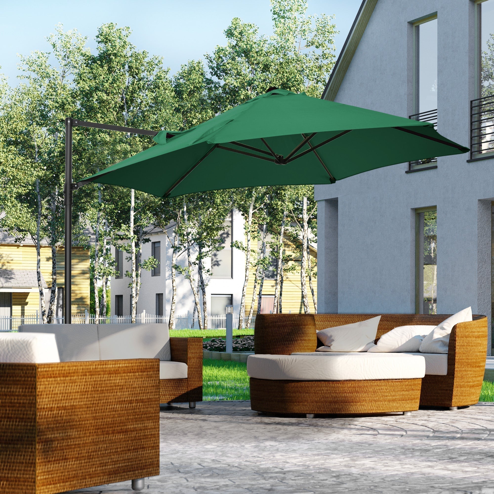 Outsunny 2.5M Garden Cantilever Parasol, Offset Roma Patio Umbrella Hanging Sun Shade Canopy Shelter with 360 Rotation and Cross Base, Green