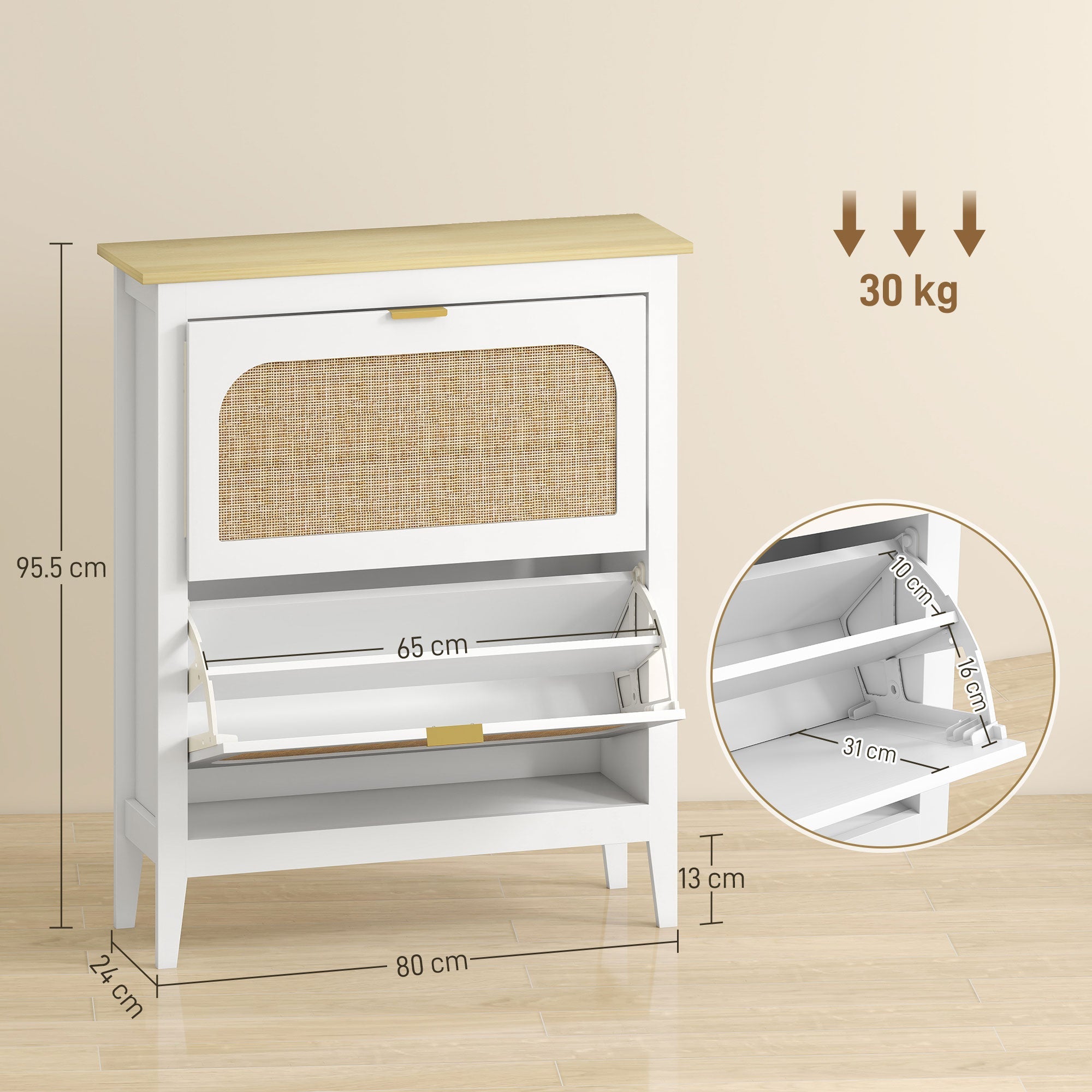 HOMCOM Narrow Shoe Cabinet, Boho Slim Shoe Storage Cabinet with 2 Flip Drawers, Holds 14 Pairs, White
