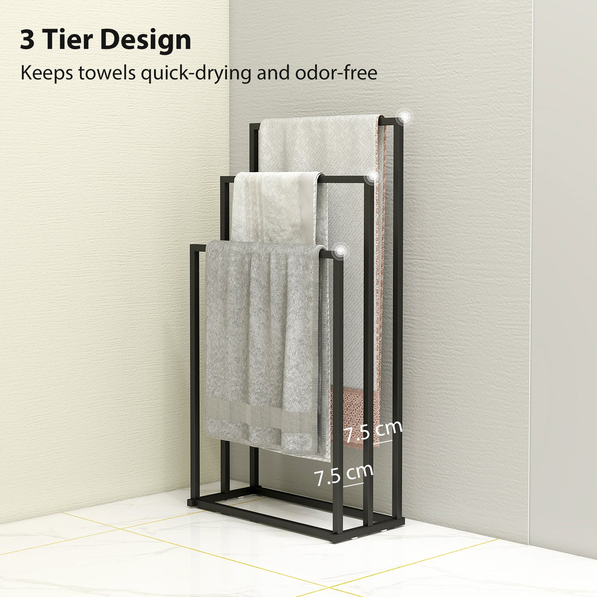 HOMCOM Freestanding Towel Rack, Steel Towel Rail Holder with 3 Bars, Black