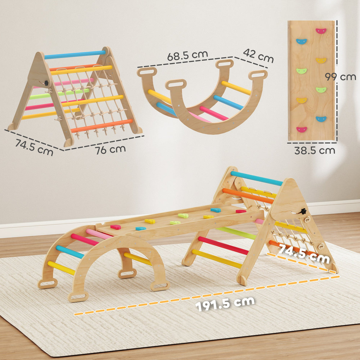 AIYAPLAY 8-in-1 Toddler Climbing Frame, Indoor Play Triangle Set with Slide, Arch and Triangle Ladder, Multicolour