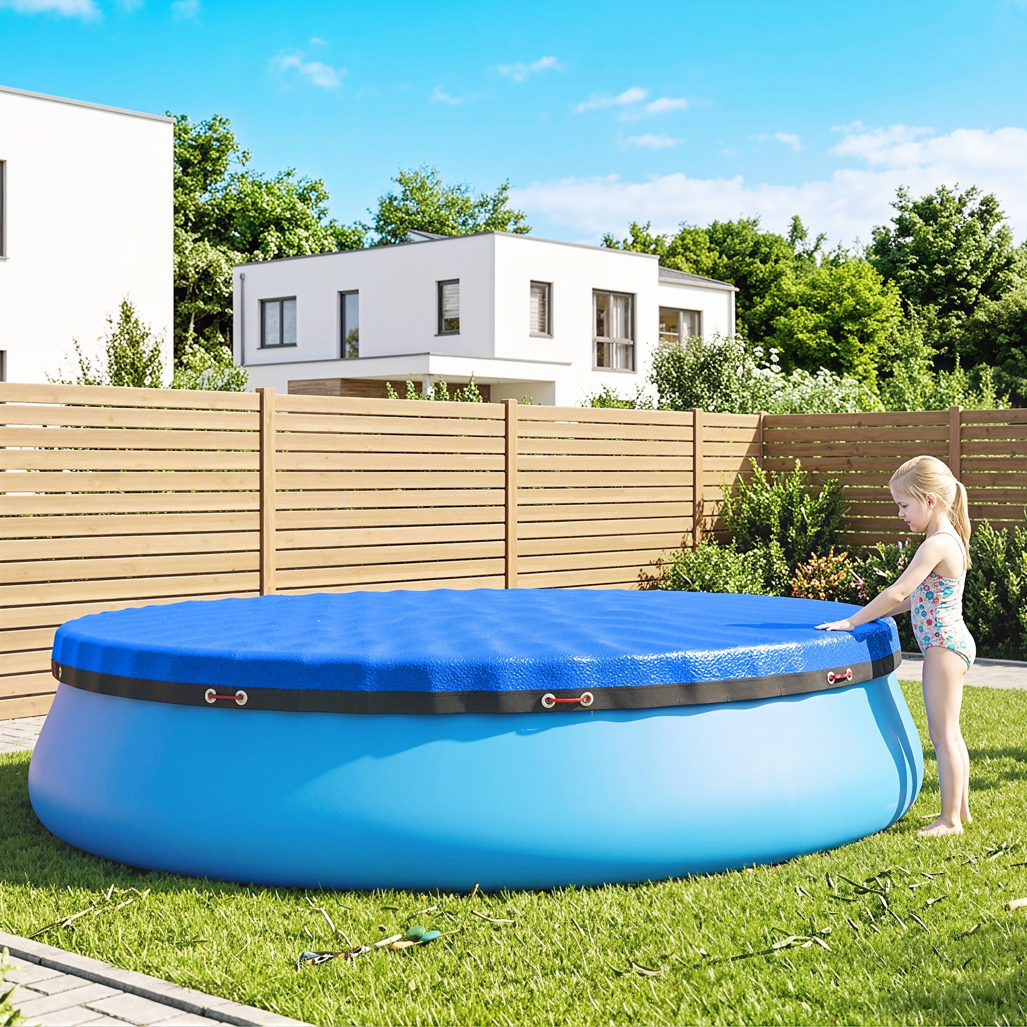 Outsunny Round Pool Cover, 10 ft Waterproof Swimming Pool Cover with Secure Rope, Tightener for Above Ground Pools, Blue