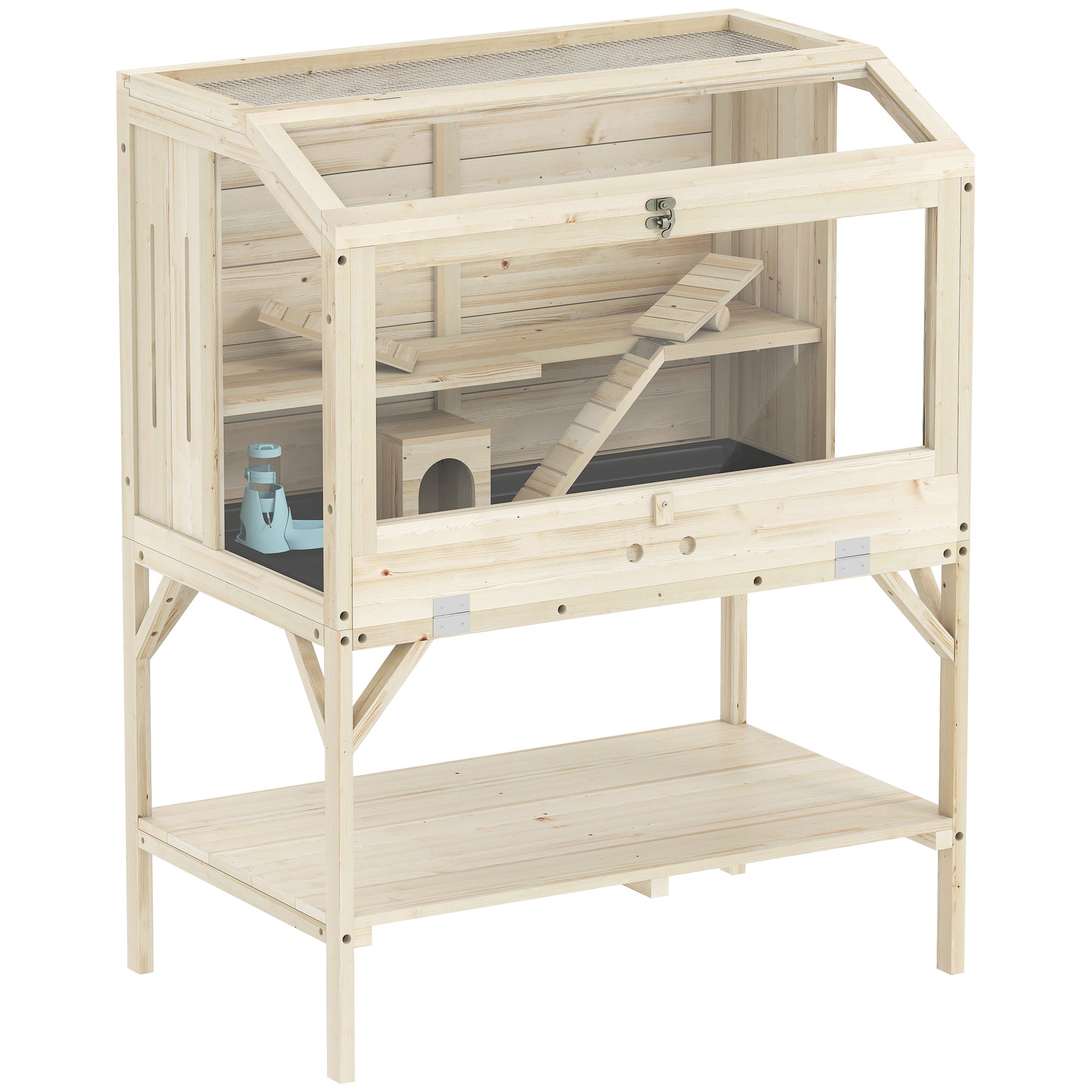 PawHut 2 Tier Wooden Hamster Cage with Shelf and Openable Top