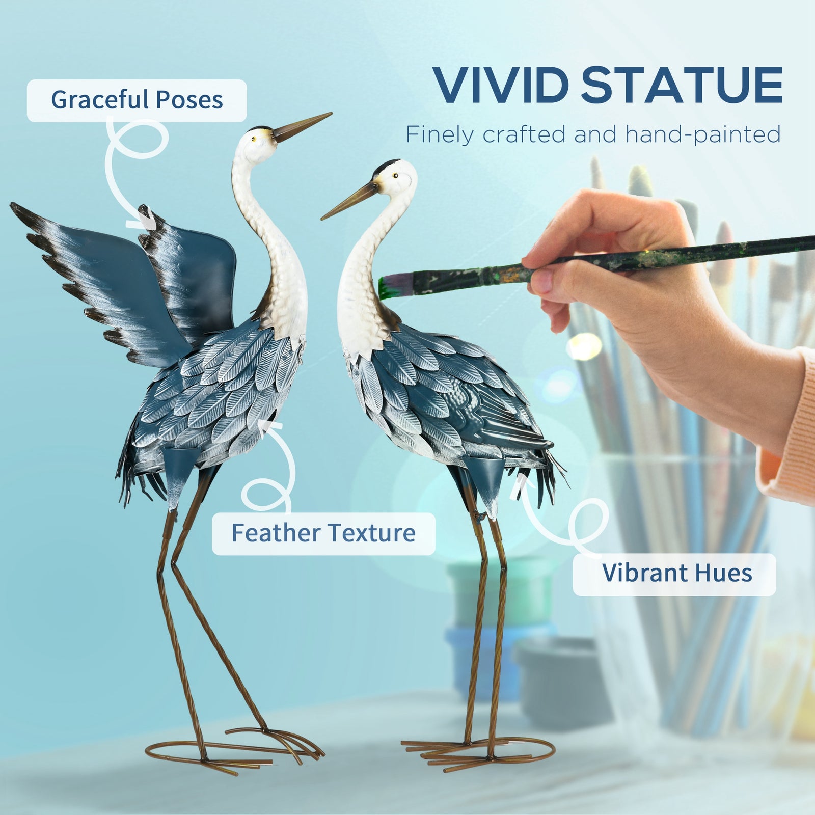 Outsunny Heron Garden Statues, Standing Garden Ornament, Metal Garden Gift with Stakes, Blue & White