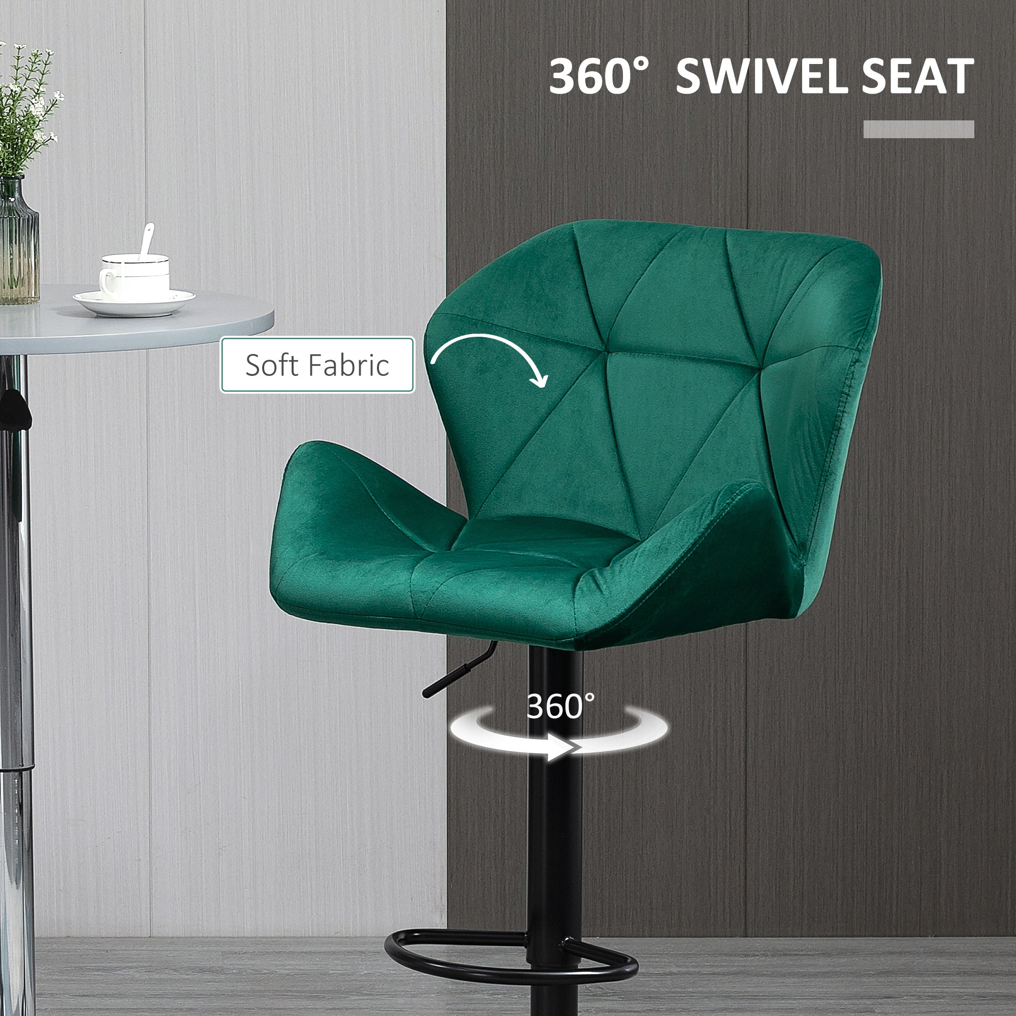 HOMCOM Bar Stools Set Of 2, Velvet-Touch Barstools with Metal Frame Footrest and Adjustable Height, Green