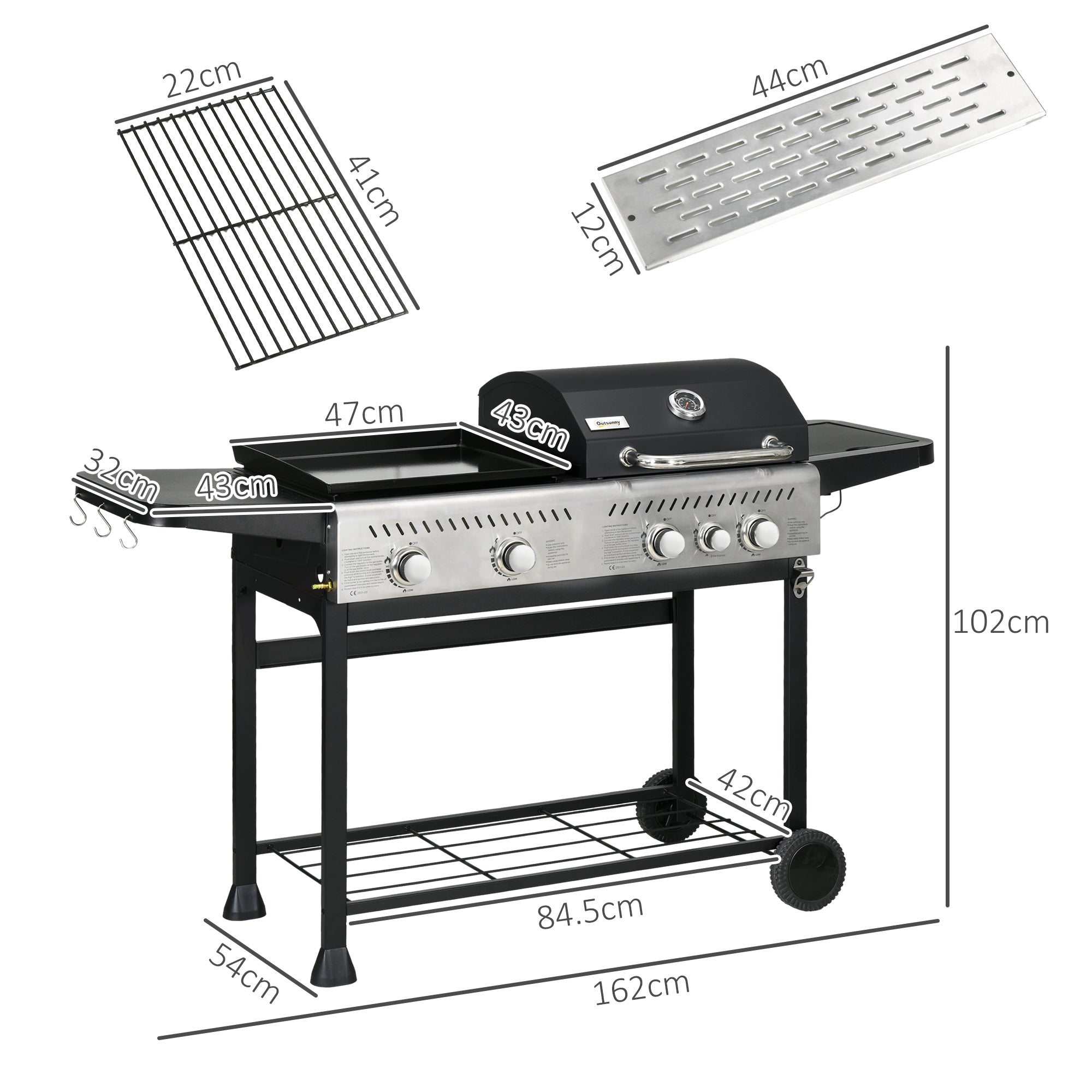 Outsunny 12kW Deluxe Duo Gas BBQ, with Grill, Plancha and Side Burner - Black