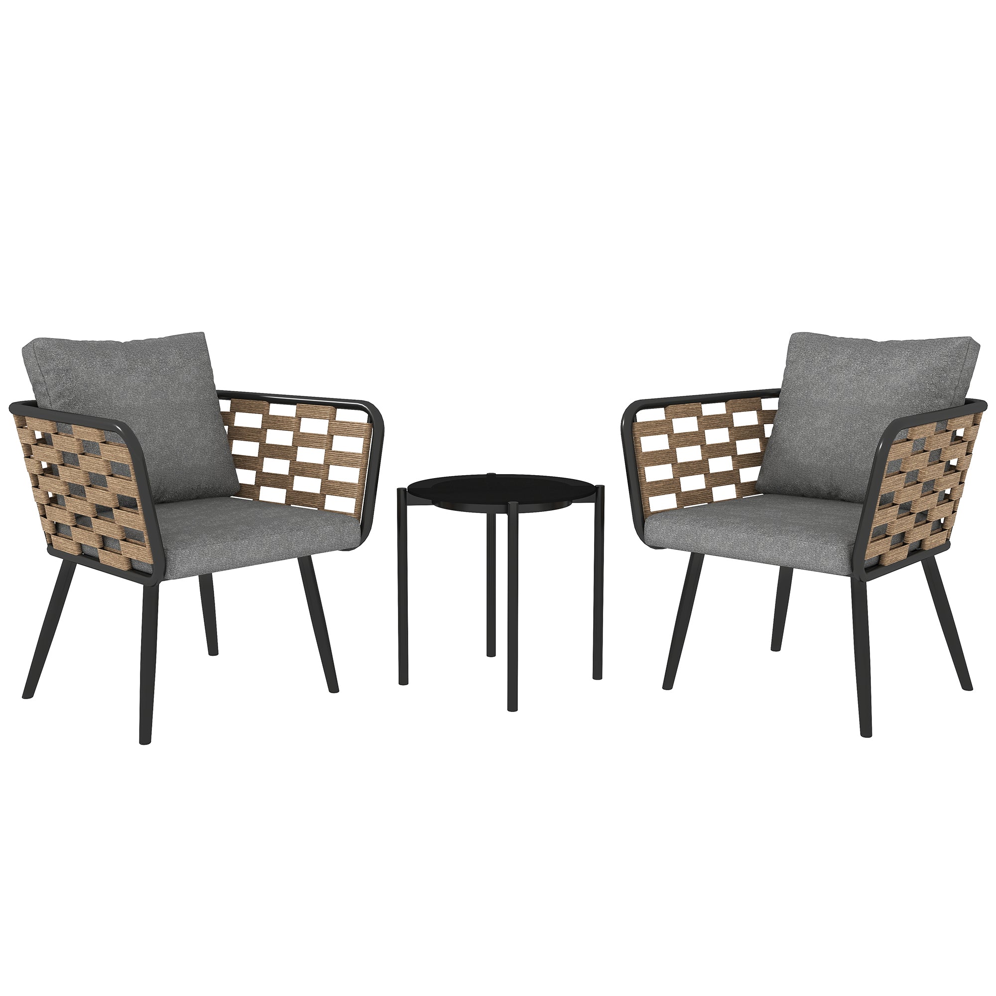 Outsunny 3 Pieces Rattan Bistro Set with Washable Seat and Back Cushions, Glass Top Coffee Table, for Outdoor, Patio, Black