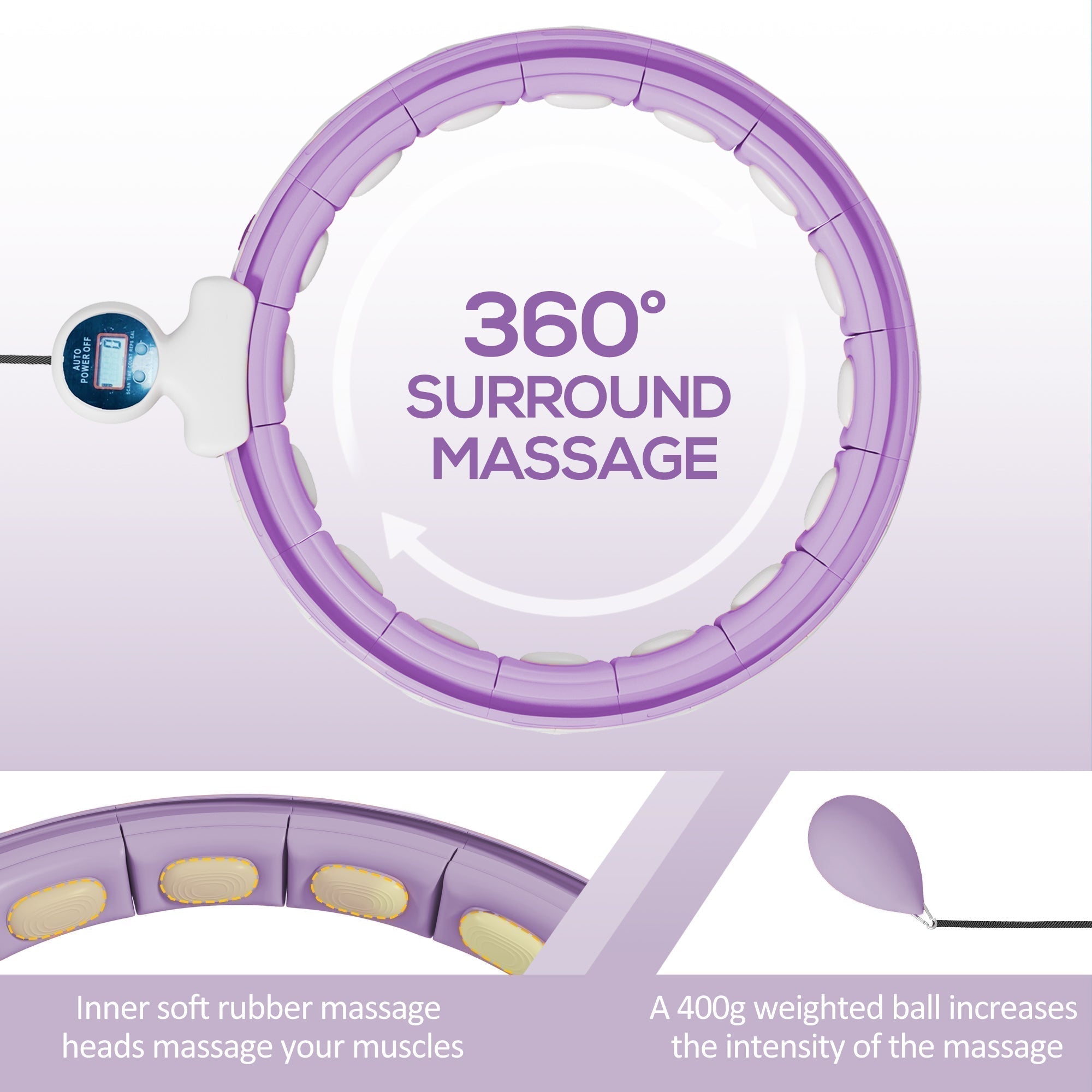 SPORTNOW Smart Weighted Hula Hoop, Massage Hula Ring w/ 16 Detachable Knots, 360 Auto-Rotating Ball, Digital Counter, Purple