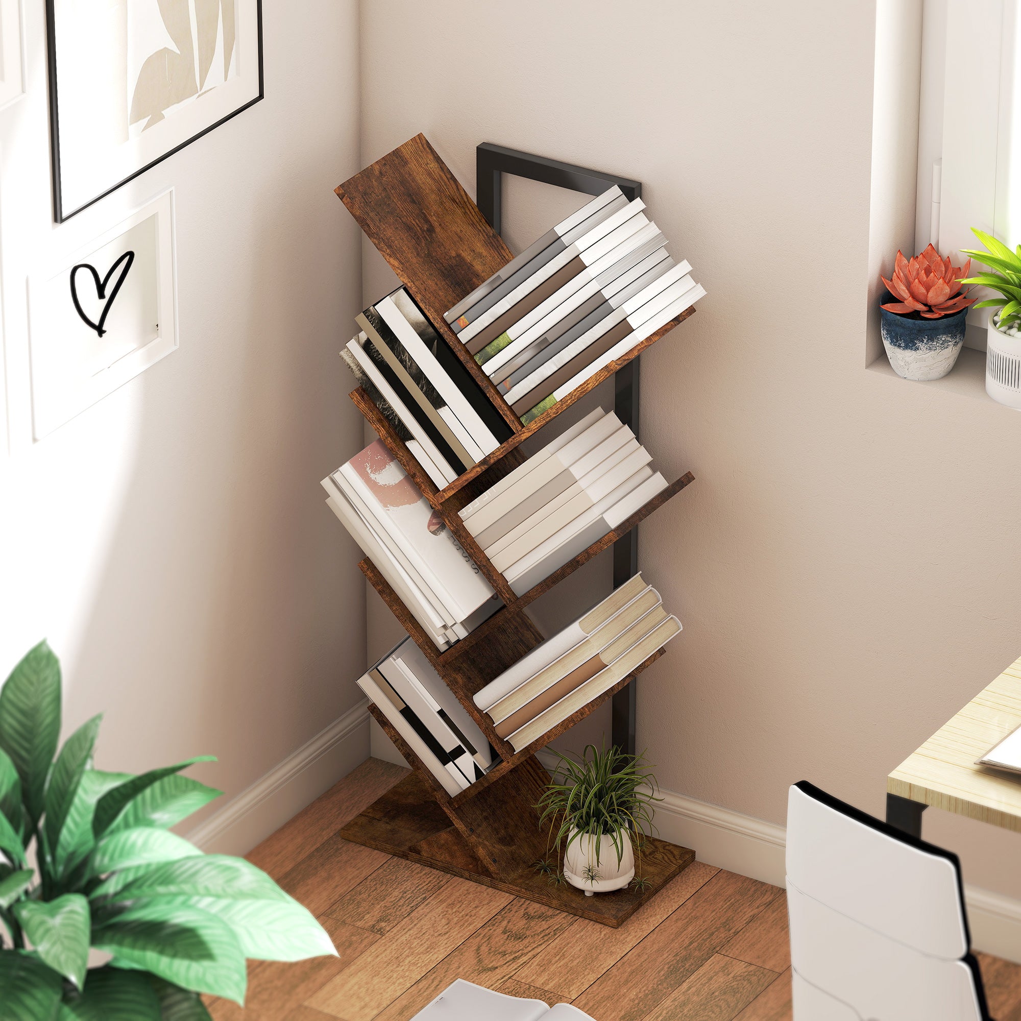 HOMCOM Six-Section Tree Bookcase - Wood-Effect