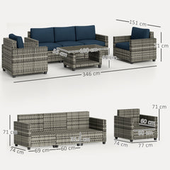 Outsunny Six-Piece Modular Rattan Sofa Set - Navy Blue