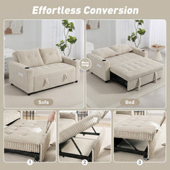 HOMCOM Corduroy Click Clack Sleeper Sofa with Pull Out Design, 2 Seater Sofa Bed, Cream White