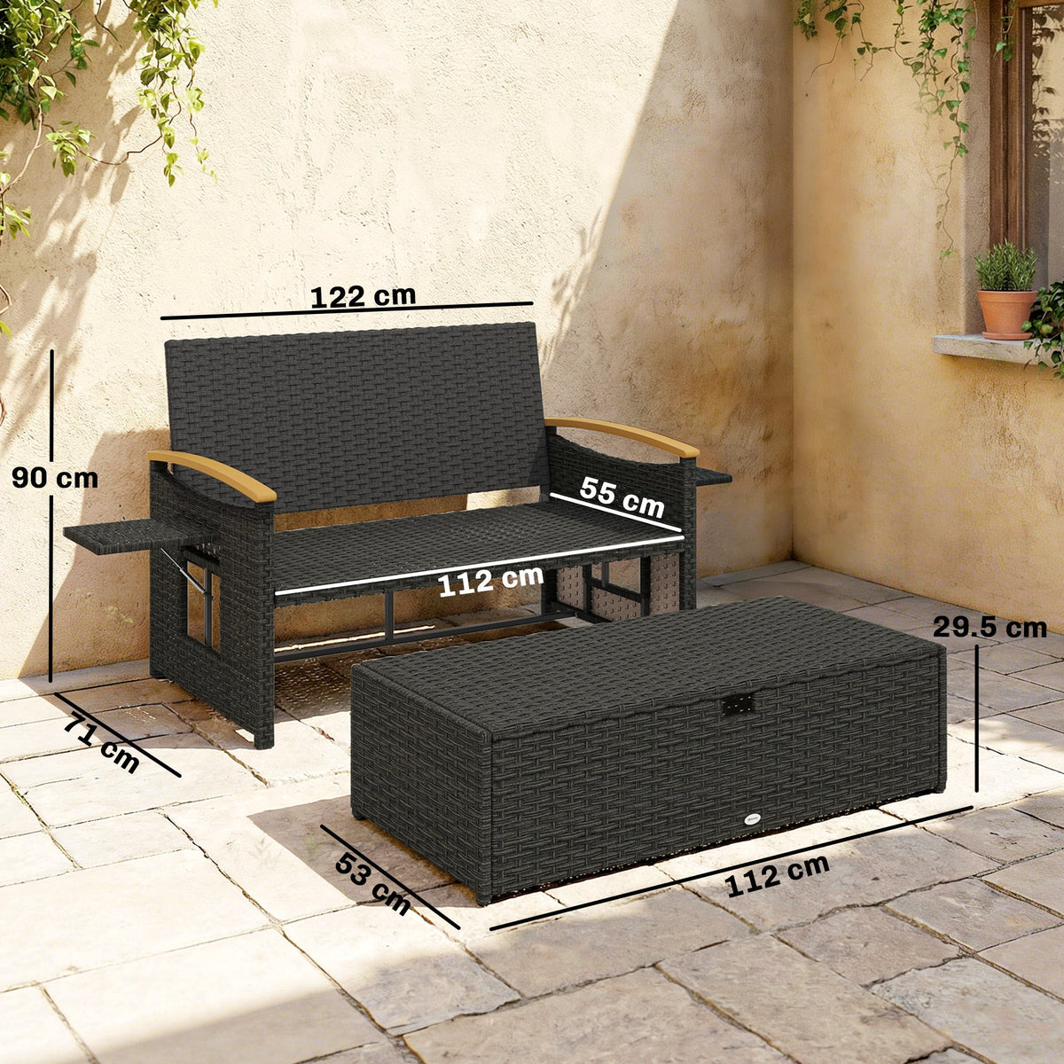 Outsunny Double Garden Rattan Daybed, Wicker Sun Bed Chaise Lounger with Storage Ottoman, 4-Level Adjustable Backrest, Brown