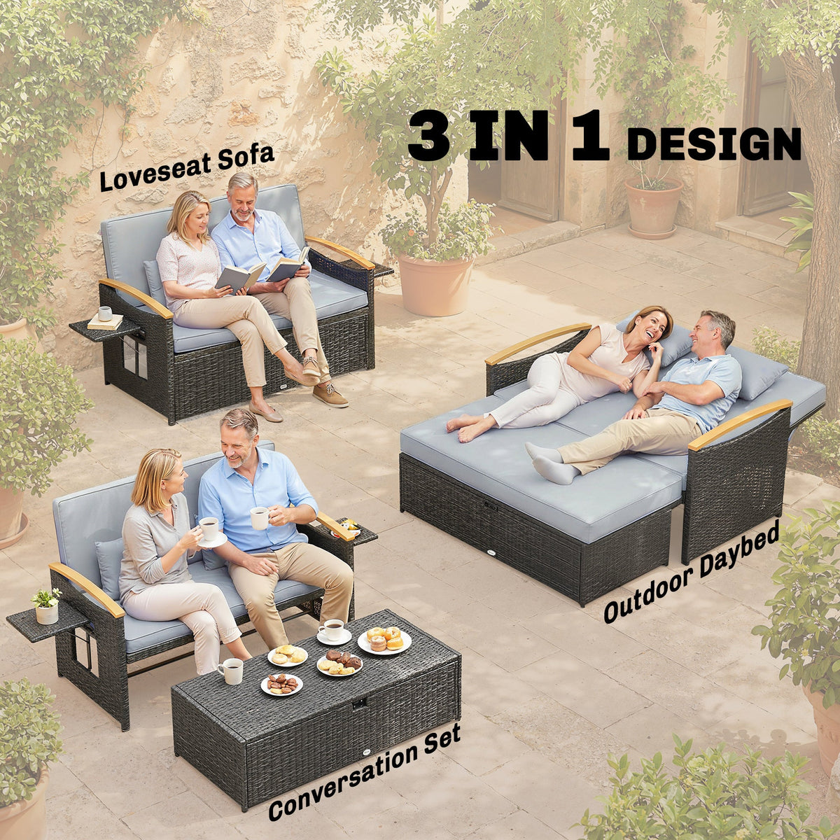 Outsunny Double Garden Rattan Daybed, Wicker Sun Bed Chaise Lounger with Storage Ottoman, 4-Level Adjustable Backrest, Dark Grey