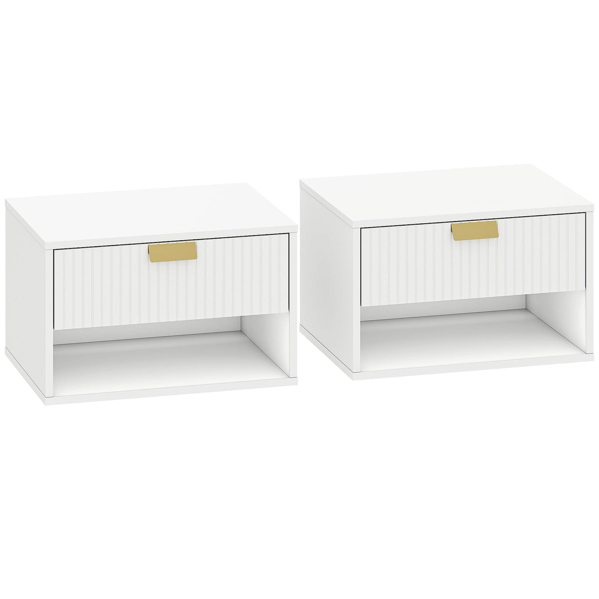 HOMCOM Set of 2 Wall Mounted Nightstands, Floating Bedside Tables with Fluted Drawer and Open Shelf for Small Bedroom, White