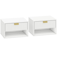 HOMCOM Set of 2 Wall Mounted Nightstands, Floating Bedside Tables with Fluted Drawer and Open Shelf for Small Bedroom, White