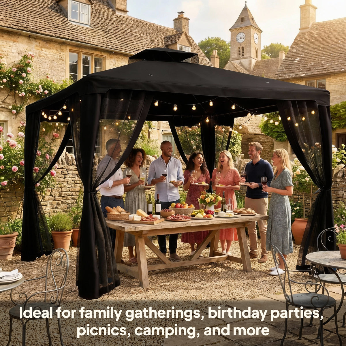Outsunny 3 x 3 m Metal Gazebo, Garden Pavillion, Double Roof Outdoor Canopy Shelter with Mesh Sidewalls, Black