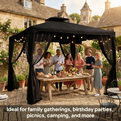 Outsunny 3 x 3 m Metal Gazebo, Garden Pavillion, Double Roof Outdoor Canopy Shelter with Mesh Sidewalls, Black