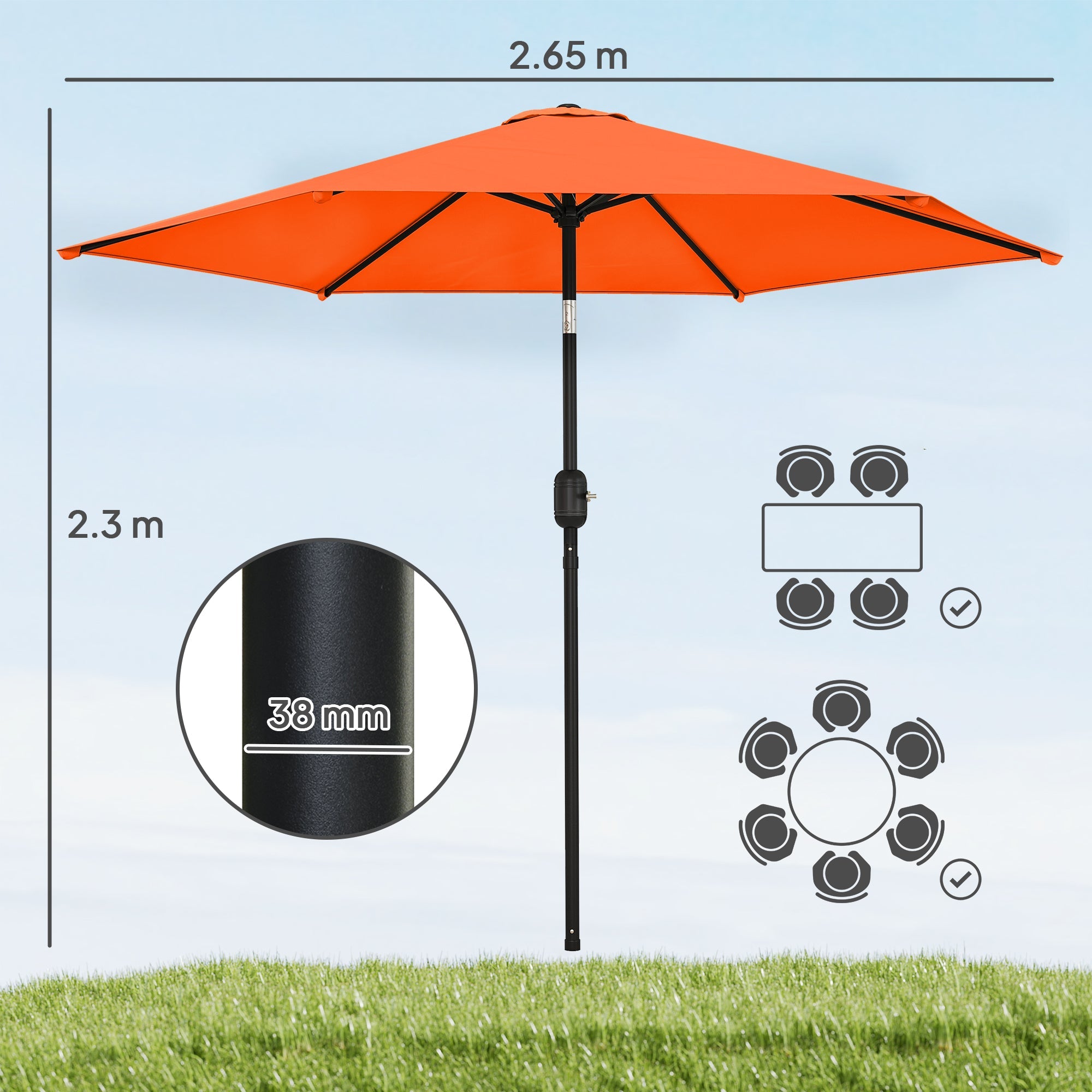 Outsunny 2.6 m Garden Parasol Umbrella with Aluminium Pole, Outdoor Patio Umbrella with Tilt and Crank, Vent, Orange