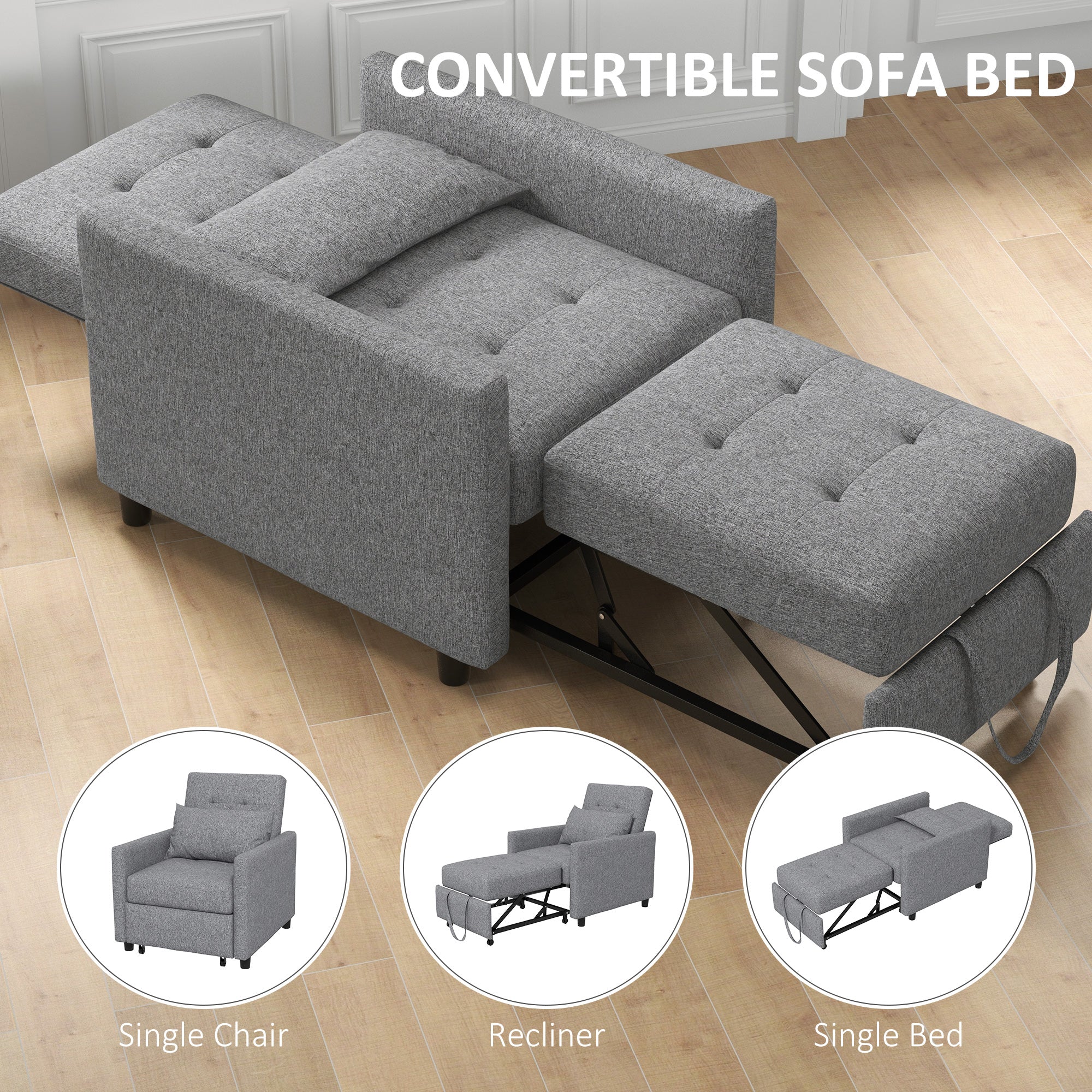 HOMCOM 3-In-1 Chair Bed, Convertible Sleeper Chair with Adjustable Backrest, Pillow and Footrest for Living Room, Grey