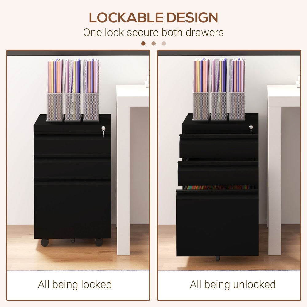 Vinsetto 3-Drawer Filing Cabinet with Lock, Mobile Steel File Cabinet for A4, Legal and Letter Size, Under Desk Drawers with Pre-Assembled Body for Home Office, 37 x 43.5 x 60 cm, Black