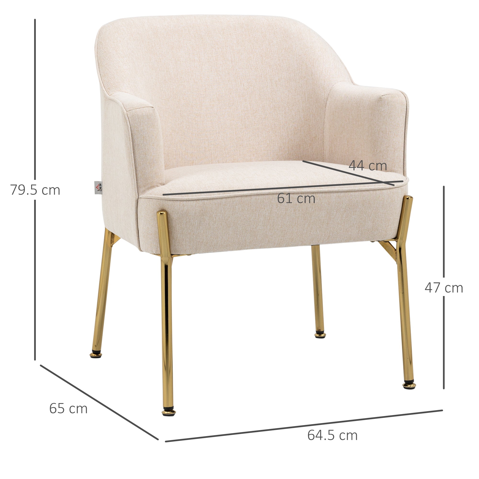 HOMCOM Accent Chair, Living Room Armchair, Vanity Chair with Gold Plating Metal Legs and Soft Padded Seat for Bedroom and Cafe, Set of 2, White