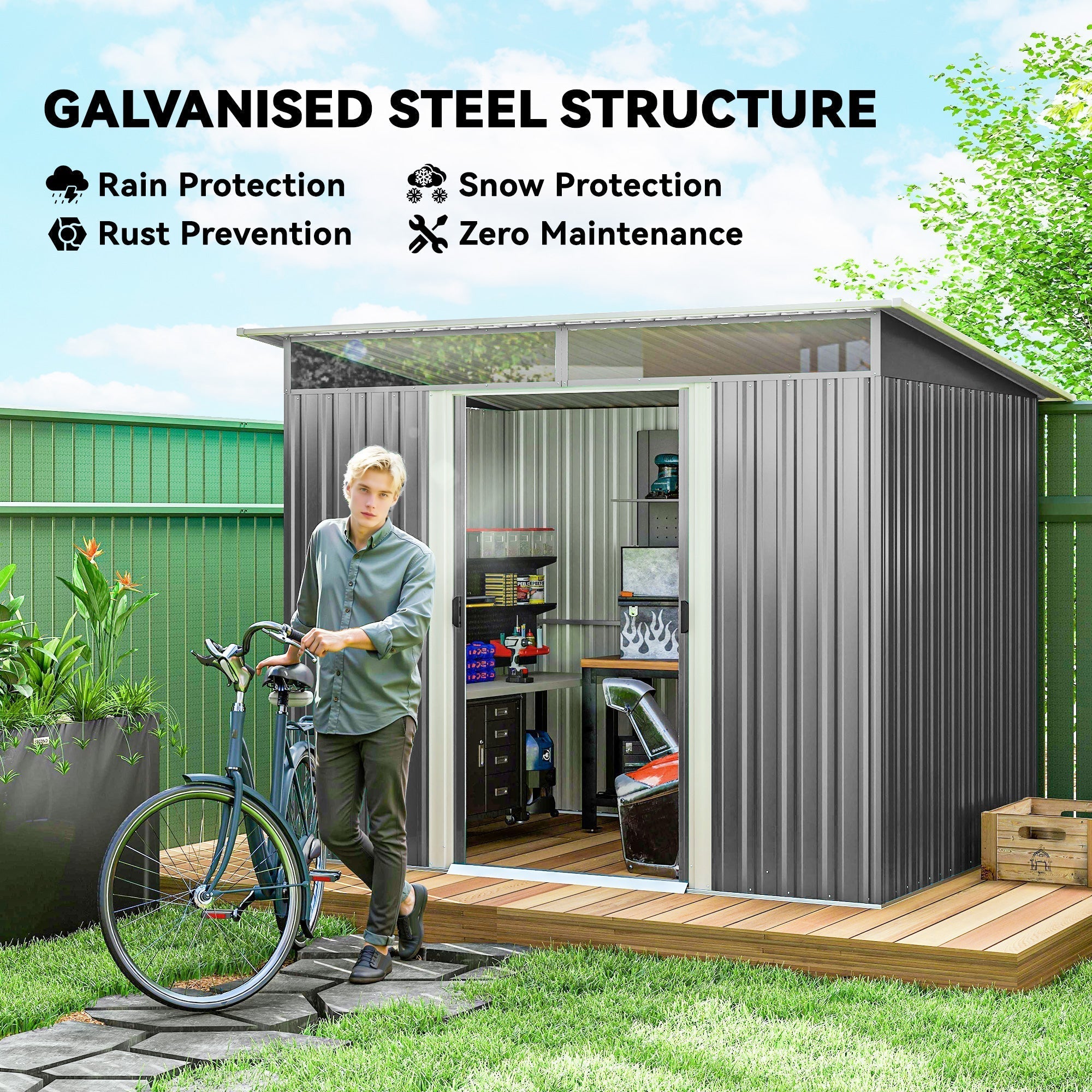 Outsunny Garden Metal Storage Shed House Hut Gardening Tool Storage w/ Tilted Roof and Ventilation 8.5 x 6ft, Grey