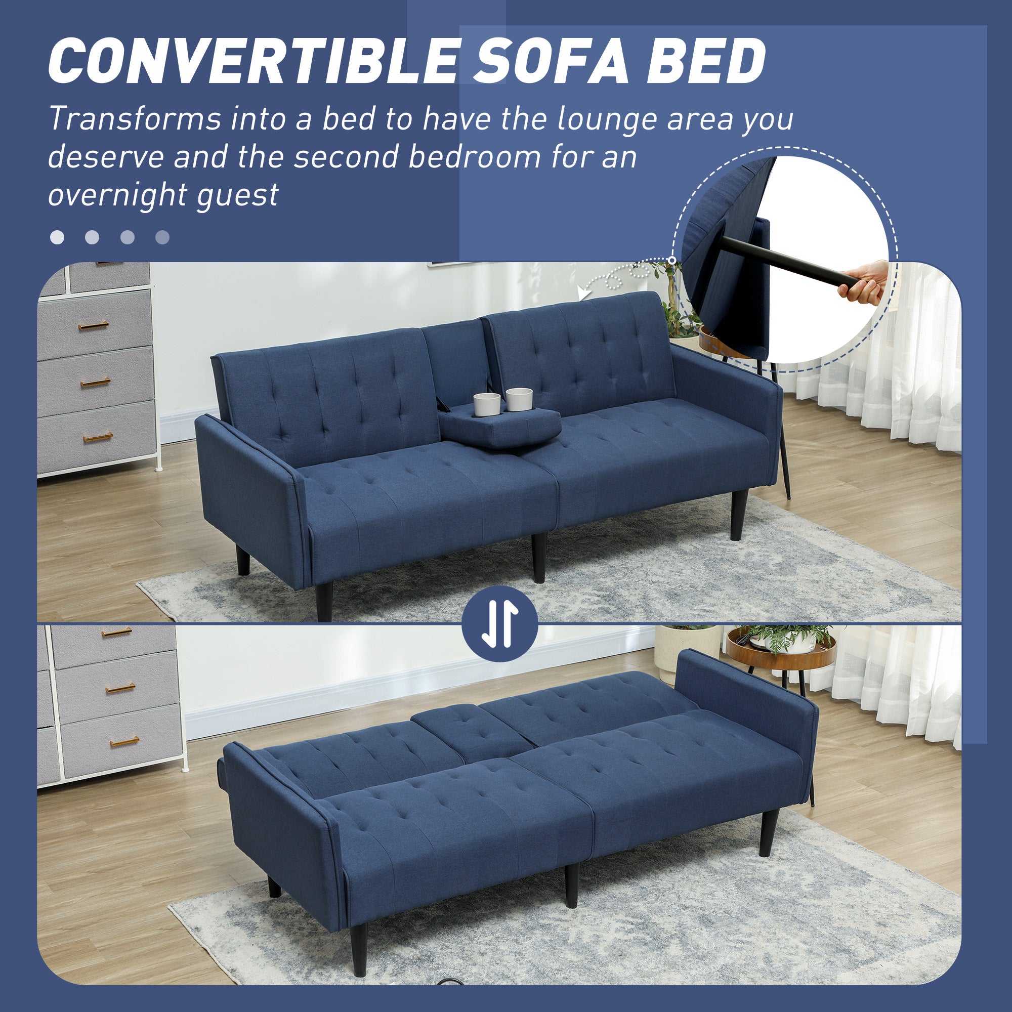 HOMCOM Three-Seater Sofa Bed, with Cupholders - Dark Blue