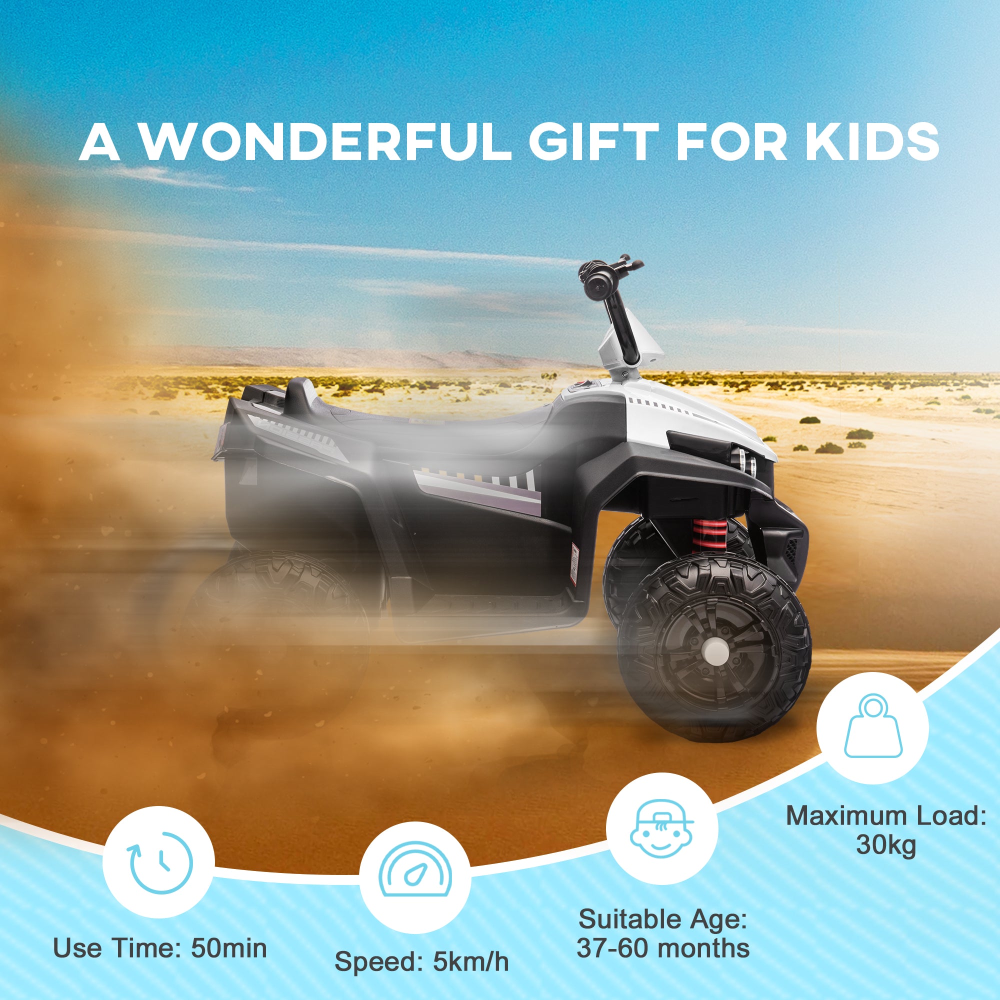 AIYAPLAY 12V Kids Electric Quad Bike w/ Spring Suspension System, Forward, Backward, LED Light, Music, MP3, White