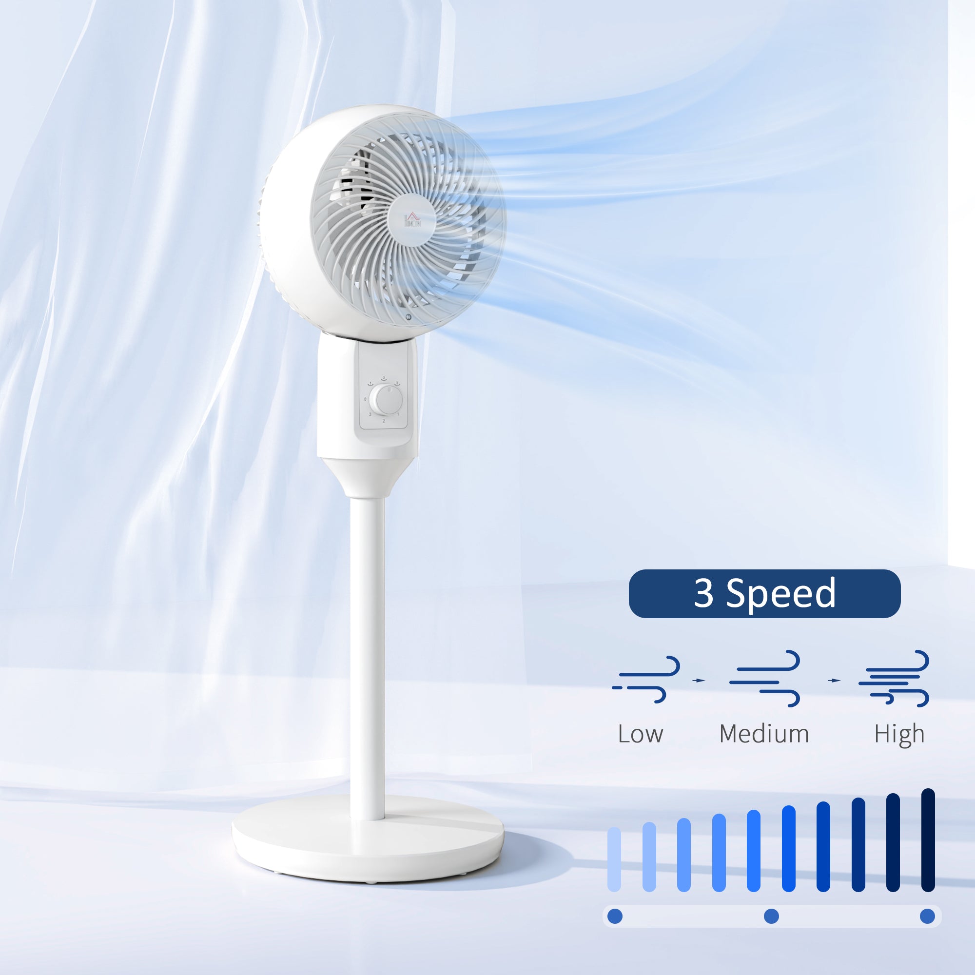 HOMCOM 9" Pedestal Fan, 70Â° Oscillation 90Â° Vertical Tilt Oscillating Air Circulator with 3 Speeds, Standing Fan for Home Office, Bedroom, White