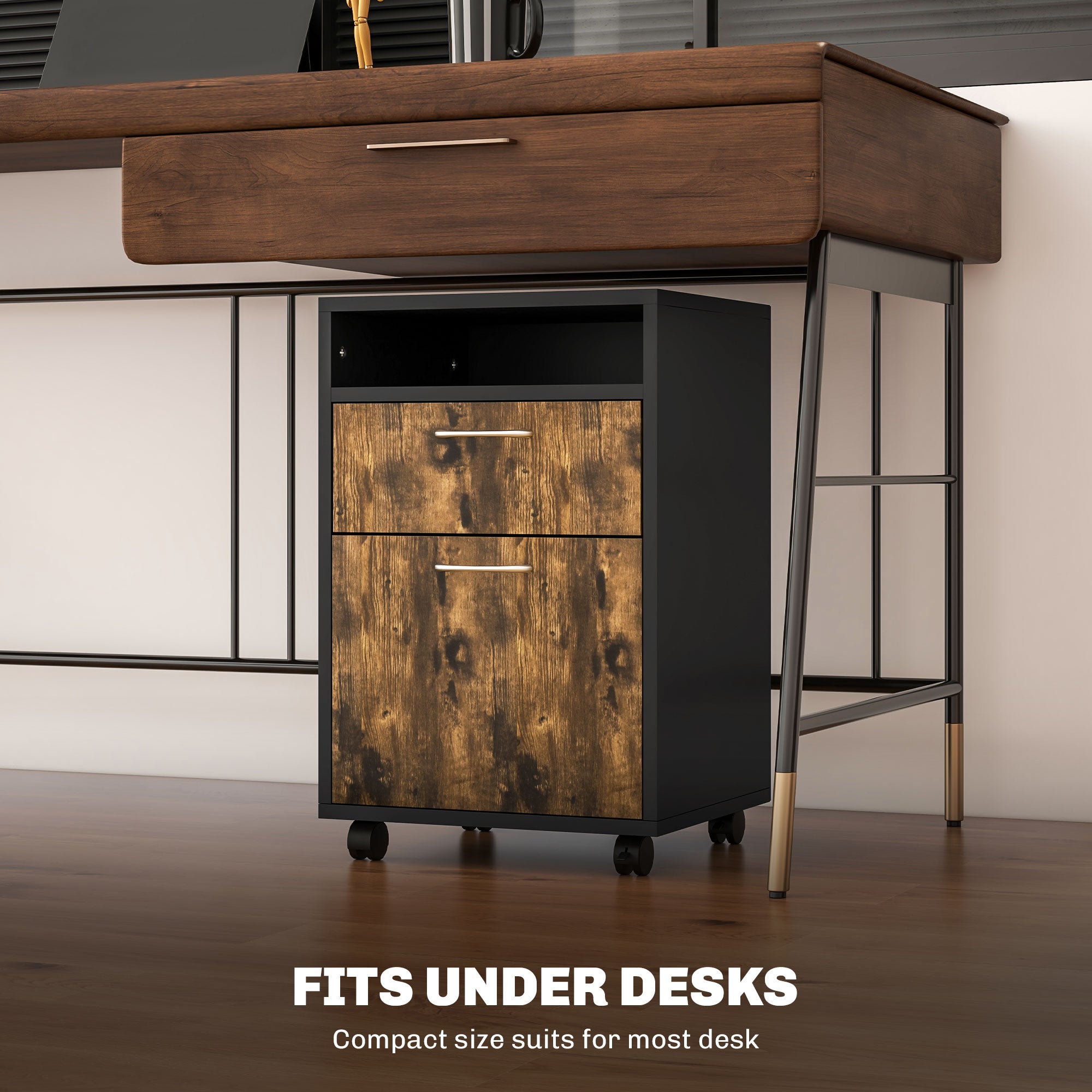 HOMCOM 60cm Filing Cabinet with Drawer, Open Shelf, Metal Handles and 4 Wheels, Office Home Organiser Mobile Printer, Rustic Brown