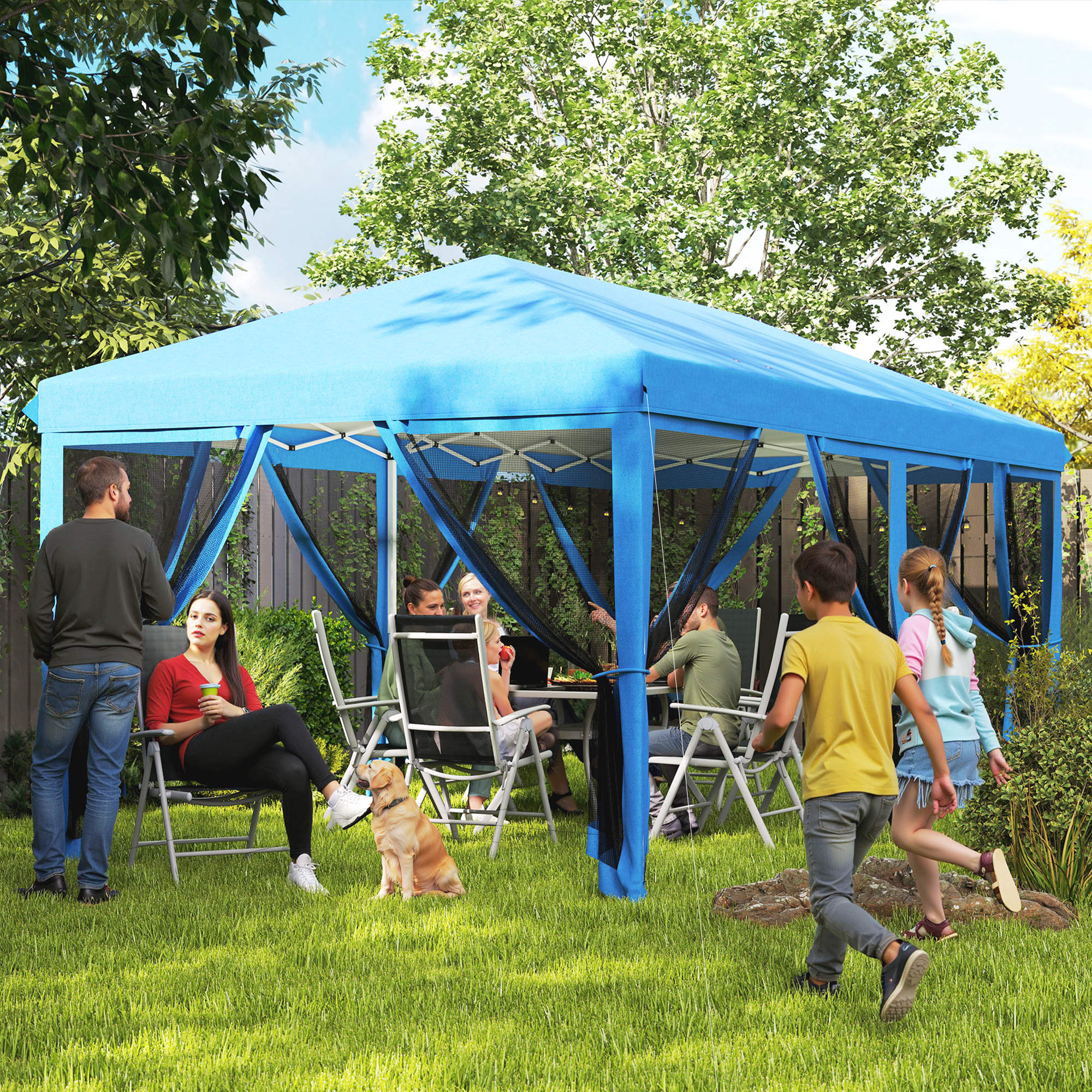Outsunny 3 x 6m Pop Up Gazebo, Outdoor Canopy Shelter, Marquee Party Wedding Tent with 6 Mesh Walls and Carry Bag, Blue