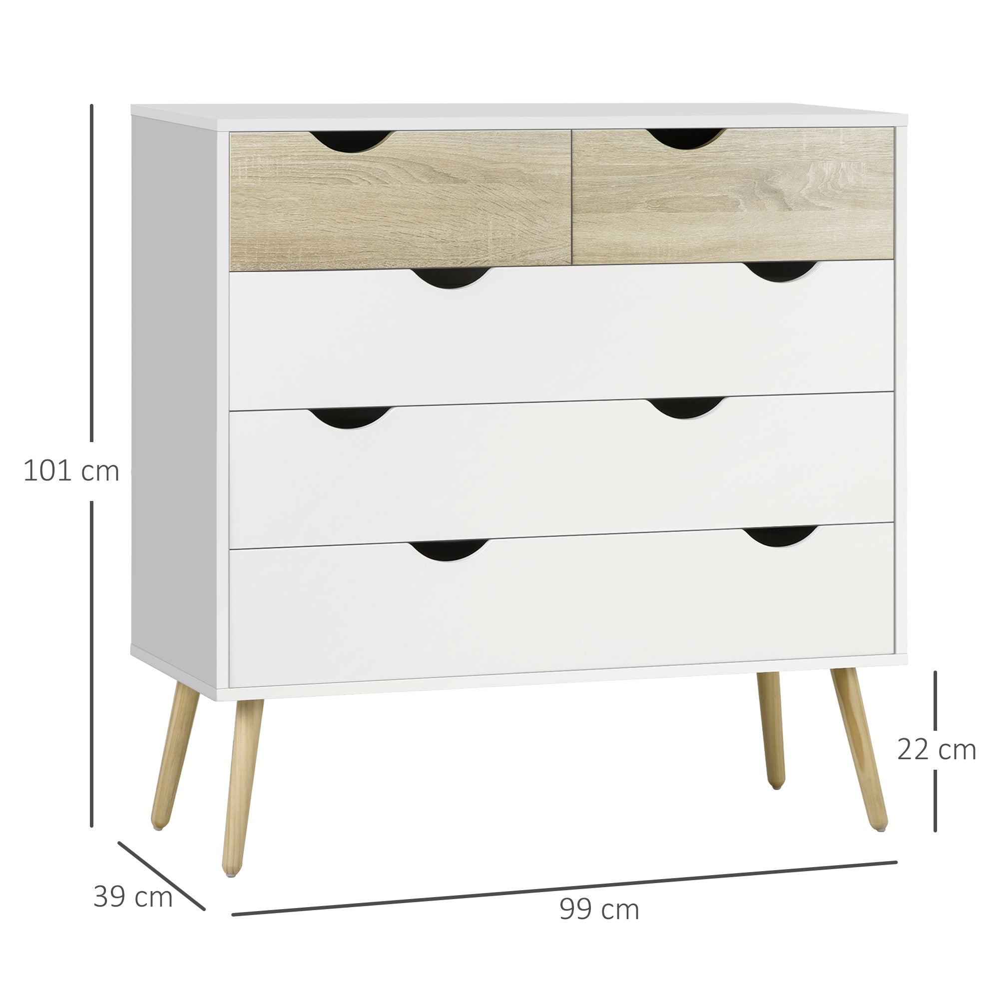 HOMCOM Nordic Style Chest of Drawers, 5 Drawer Dresser with 4 Tapered Legs and Groove Handles, Storage Organiser Side Cabinet for Bedroom, Living Room