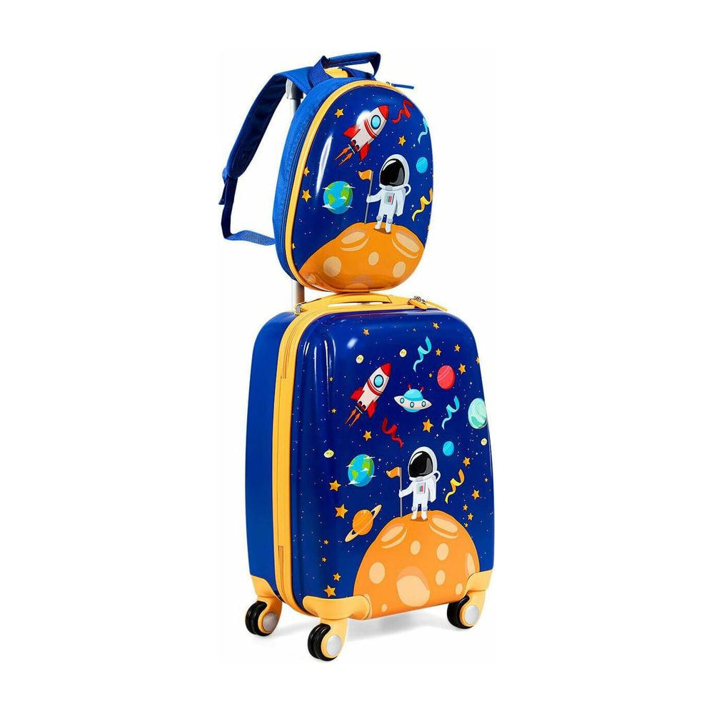 ABS Kids Backpack Luggage Set Children Suitcase Travel Schoo, a navy blue set with astronaut and rocket designs