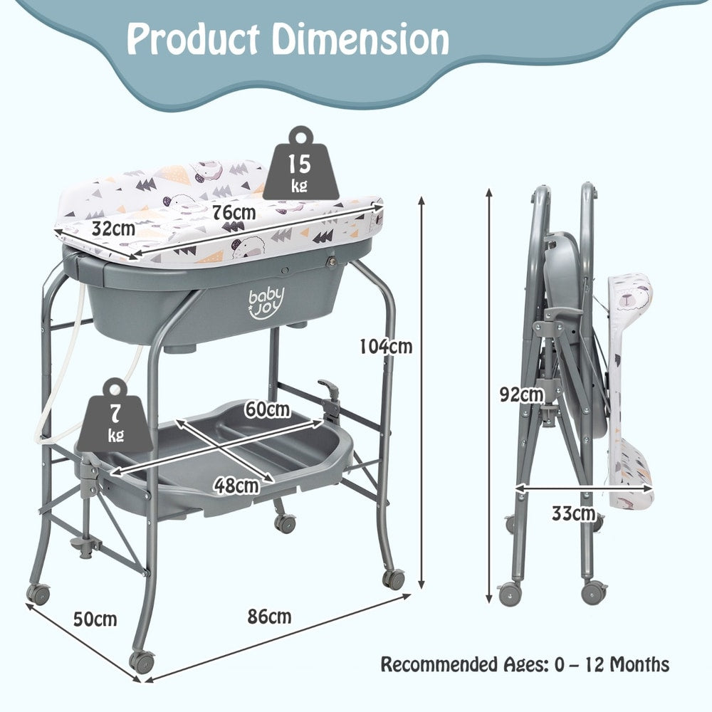 The changing table showing height and width measurements for both open and folded positions