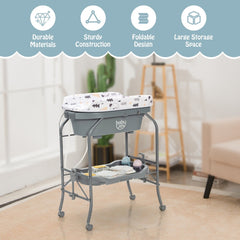 The changing table standing in a living room with baby essentials organised on the lower shelf