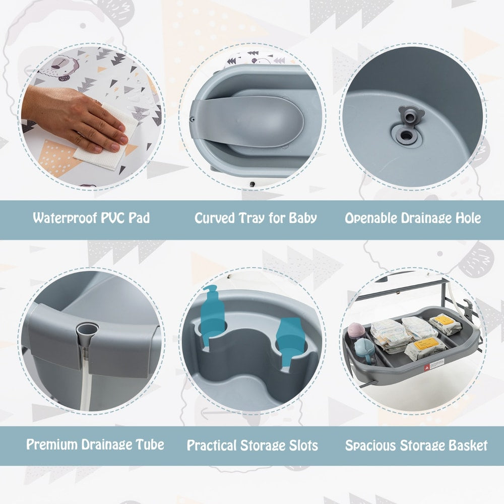 The changing table features including the drainage tube, storage slots and waterproof mat
