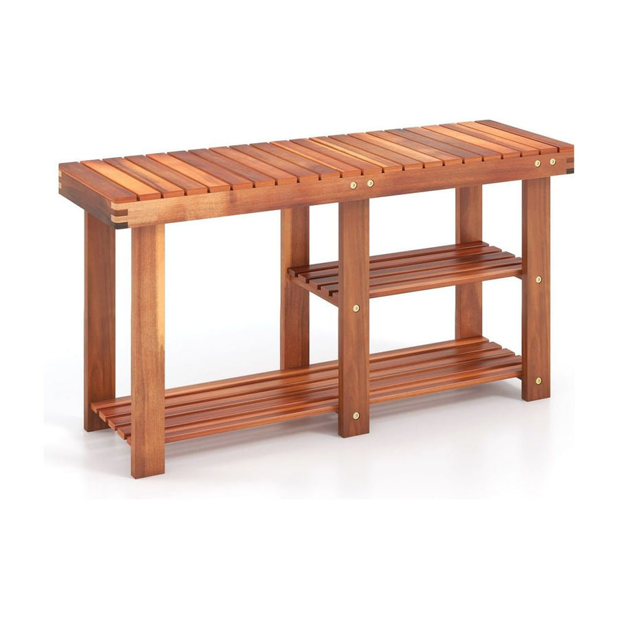 Acacia Wood Shoe Rack Bench with a slatted top and two lower storage shelves