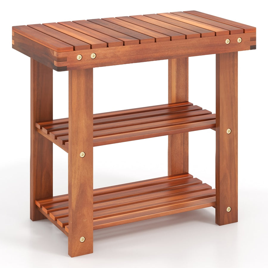 Acacia Wood Shoe Rack Bench with three slatted tiers and a sturdy frame on a white background