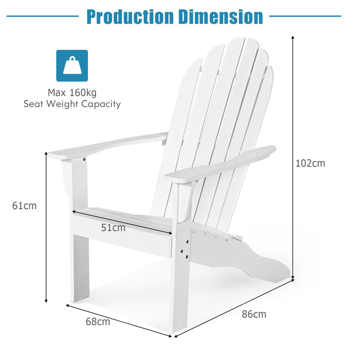 Acacia Wood Adirondack Lounger Chair with Slatted Seating, Ergonomic Design-White