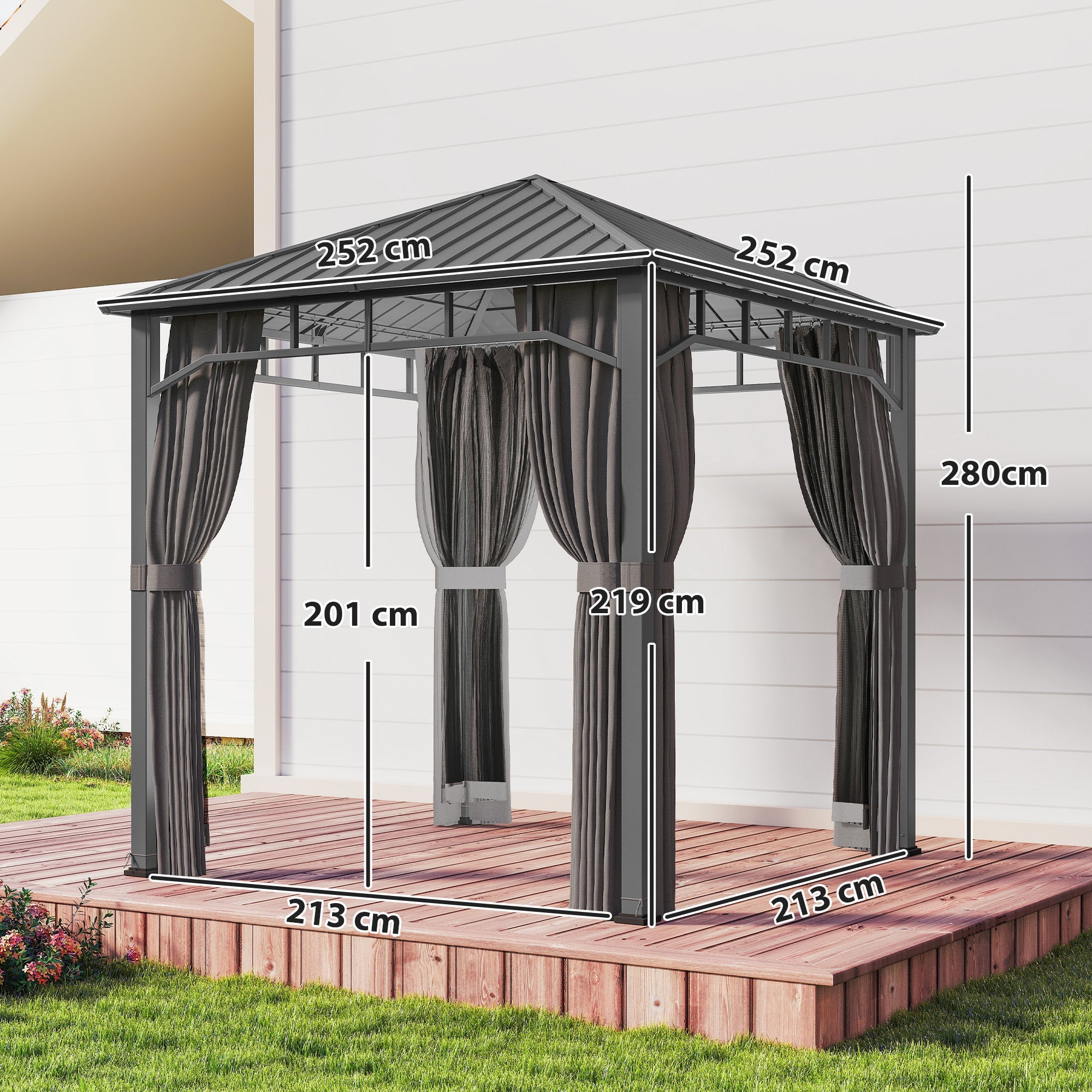 Outsunny 2.5 x 2.5 m Hardtop Gazebo with Galvanised Steel Roof, Waterproof Permanent Pavilion Garden Gazebo with Netting and Curtains for Patio, Deck, Dark Grey