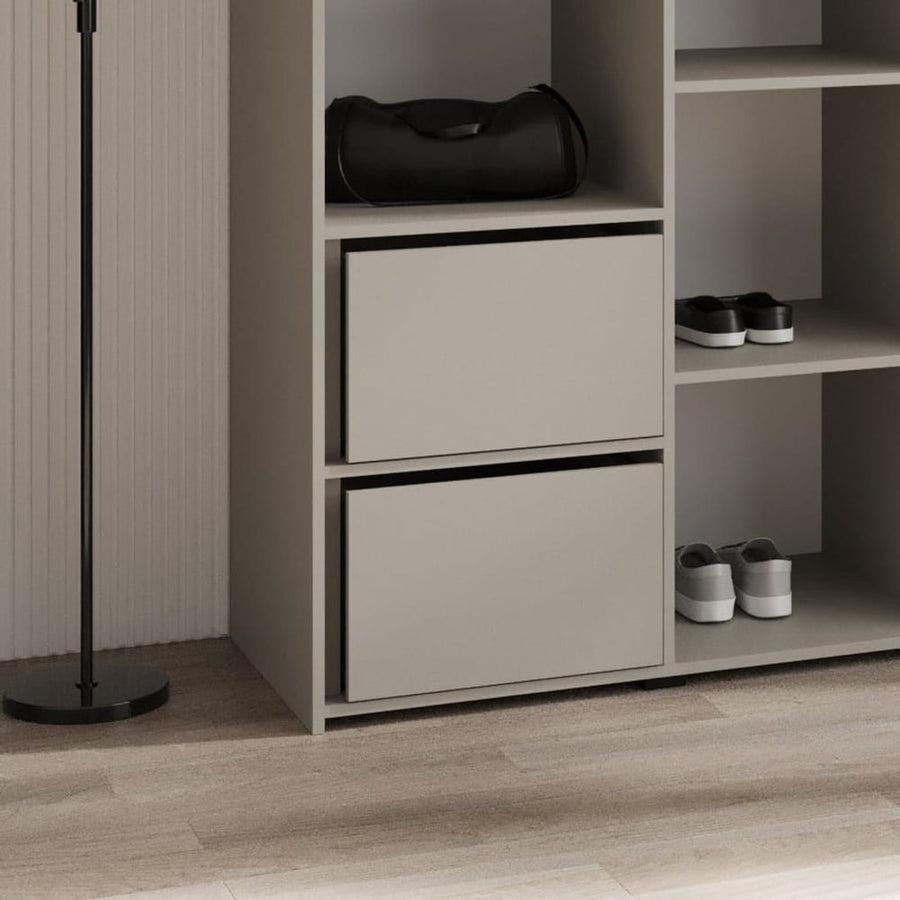 Additional Drawers For Como Wardrobe [Set Of Two] shown fitted into a wardrobe unit with shoes and a bag stored above