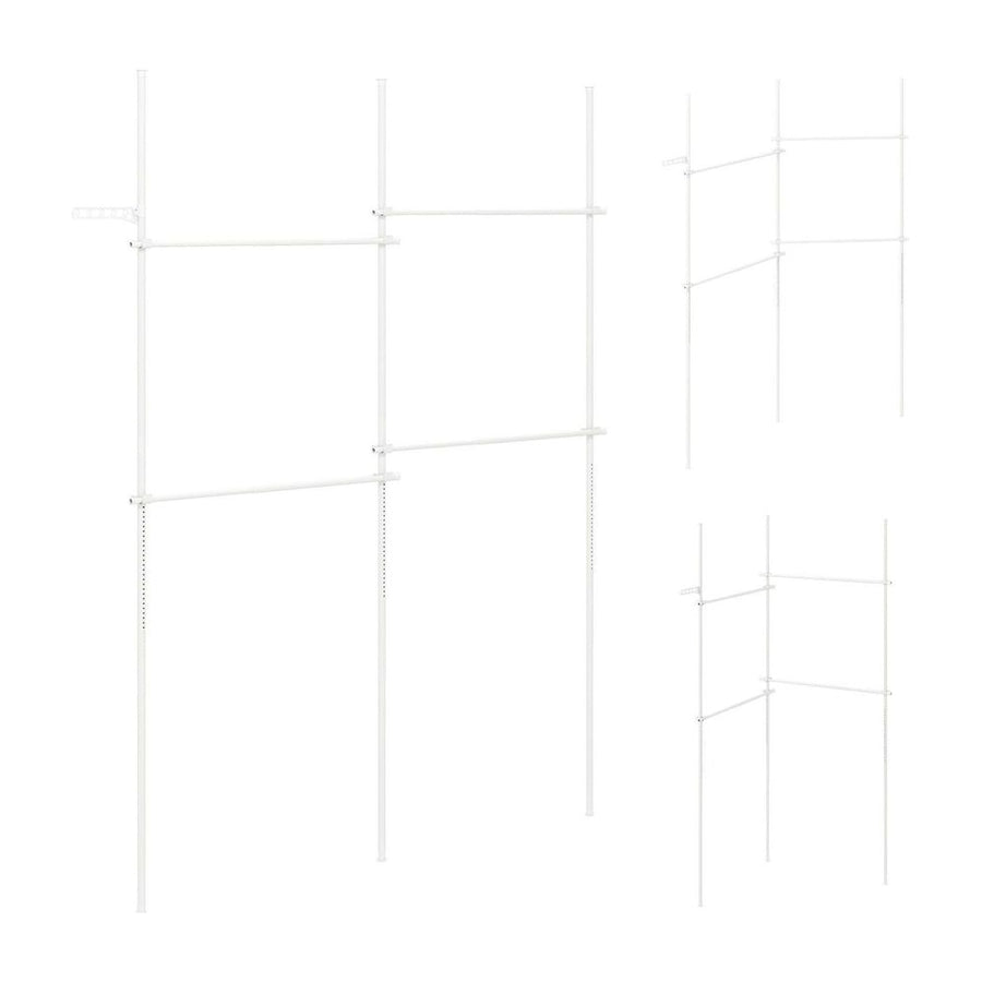 Adjustable Floor to Ceiling Clothes Rack shown in three different configurations from different angles