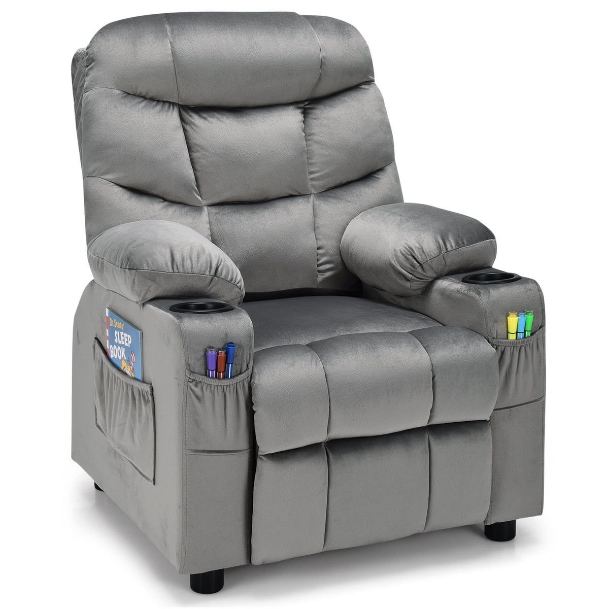 Adjustable Larger Kids Lounge Recliner Chair in grey with side pockets and cup holders