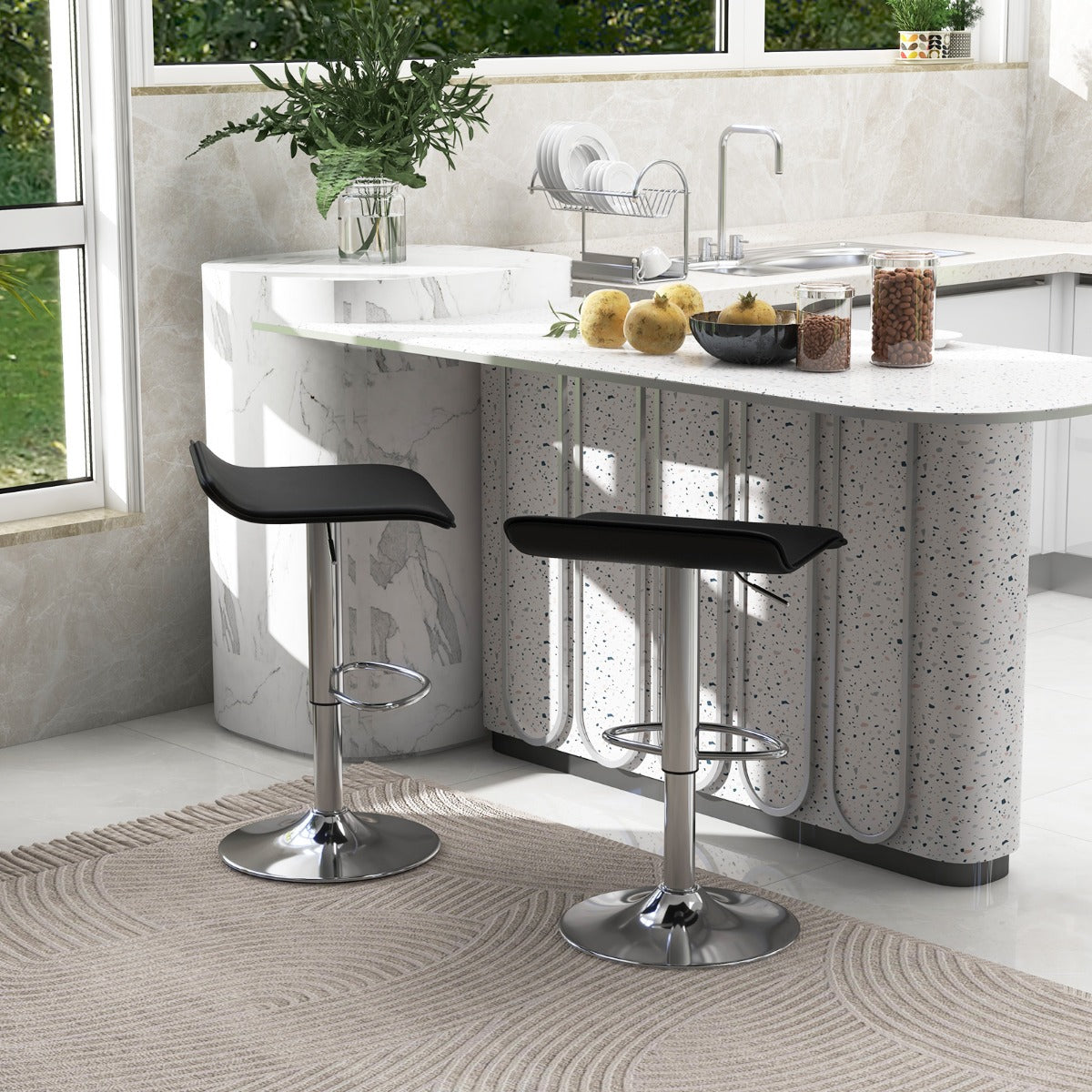 Adjustable Swivel Bar Stool Set of 2 with Wave-shaped Seat-Black