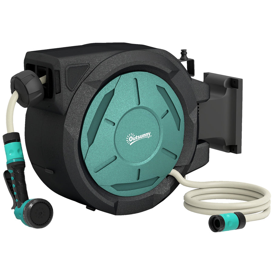 Outsunny Retractable Hose Reel Wall Mounted, 20+2m Garden Hose Pipe Reel with Lock, Auto Rewind, 7 in 1 Spray Nozzle, Includes Wall Fixings, 180° Swivel, Outdoor Watering, 54 x 20 x 39 cm, Black