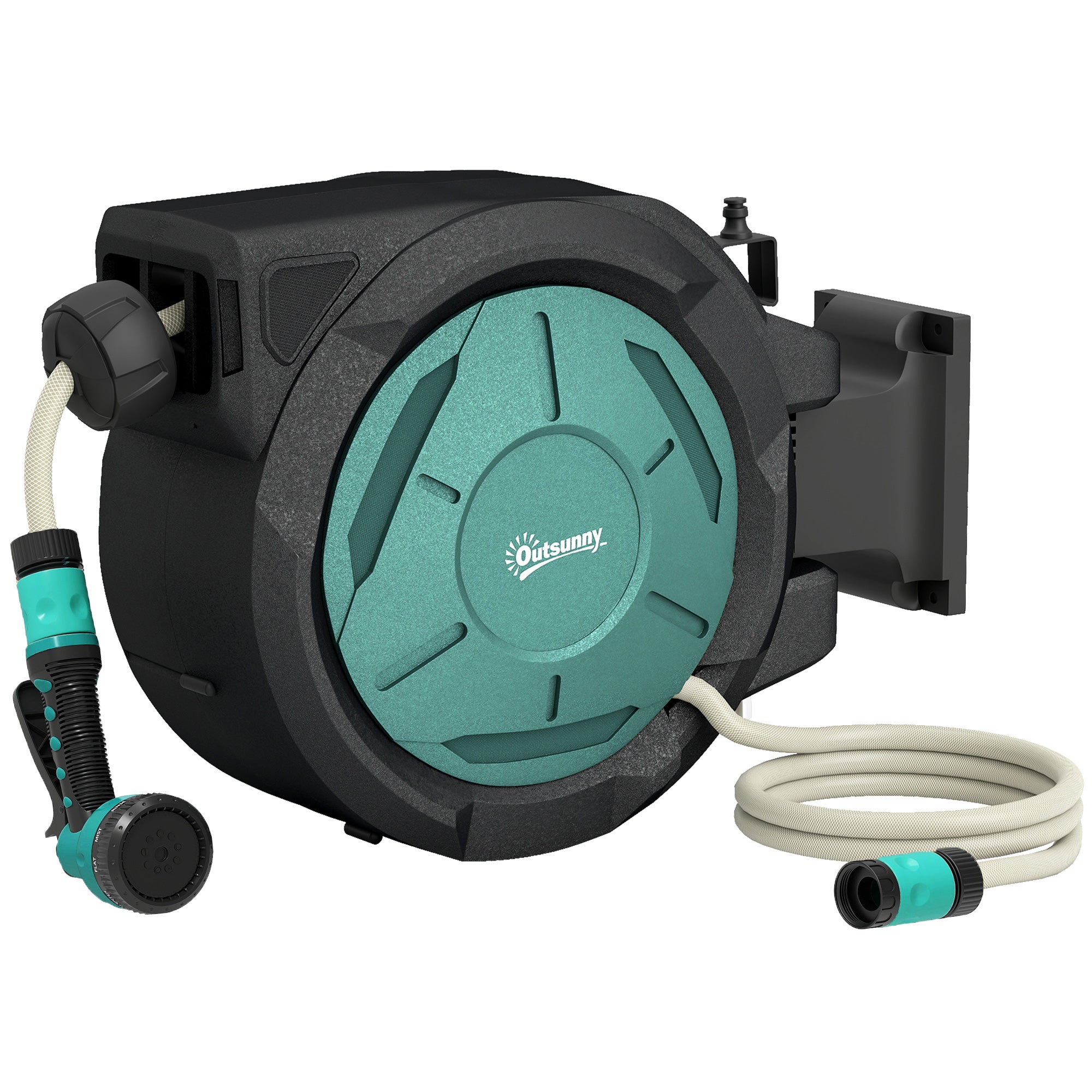 Outsunny Retractable Hose Reel Wall Mounted, 20+2m Garden Hose Pipe Reel with Lock, Auto Rewind, 7 in 1 Spray Nozzle, Includes Wall Fixings, 180Â° Swivel, Outdoor Watering, 54 x 20 x 39 cm, Black