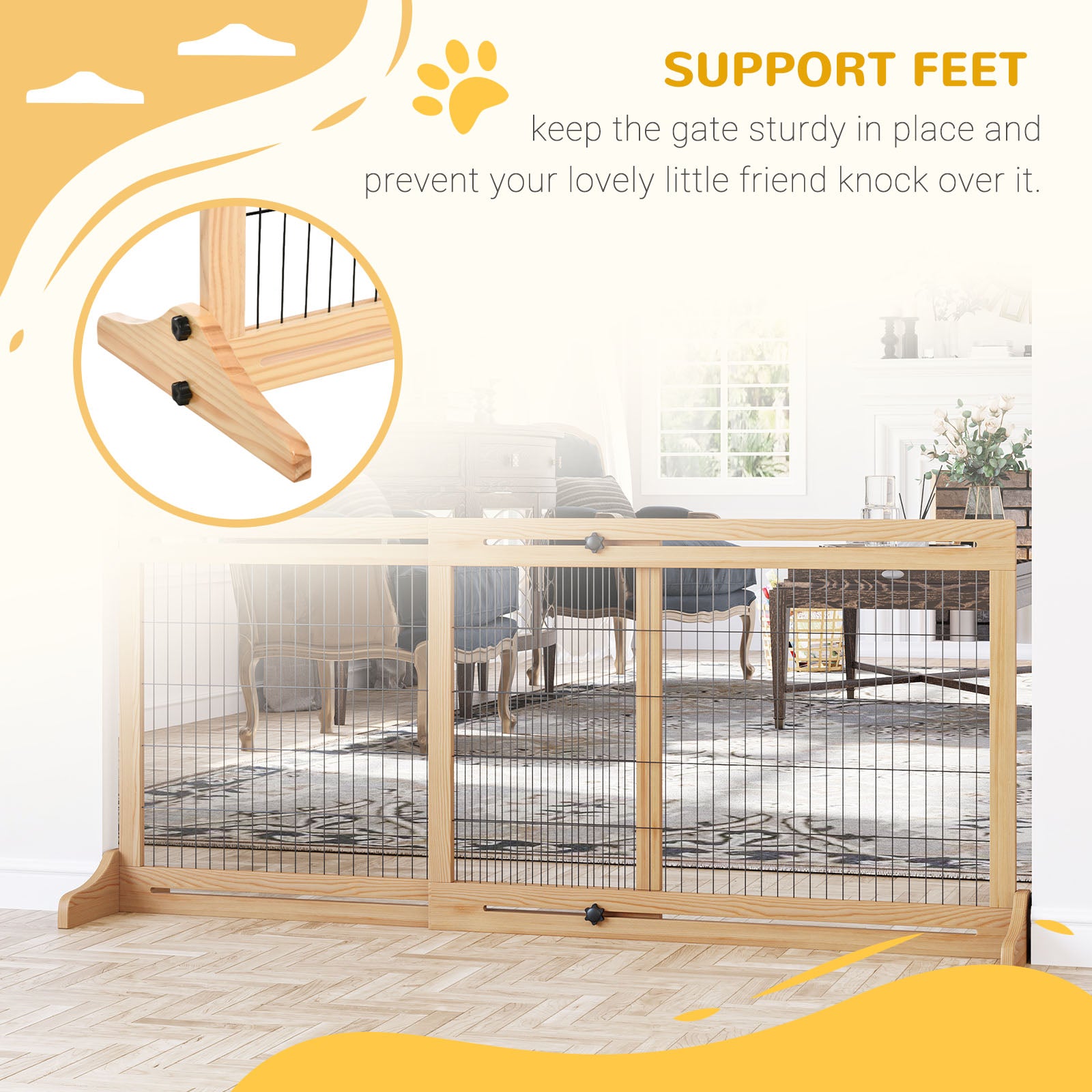 PawHut Freestanding Dog Gate, Foldable Pet Fence, Indoor Wood Barrier, Stair Gate with Support Feet, for Doorway, Hallway, Small and Medium Dogs, 69H x 104-183 cm, Natural Wood Finish