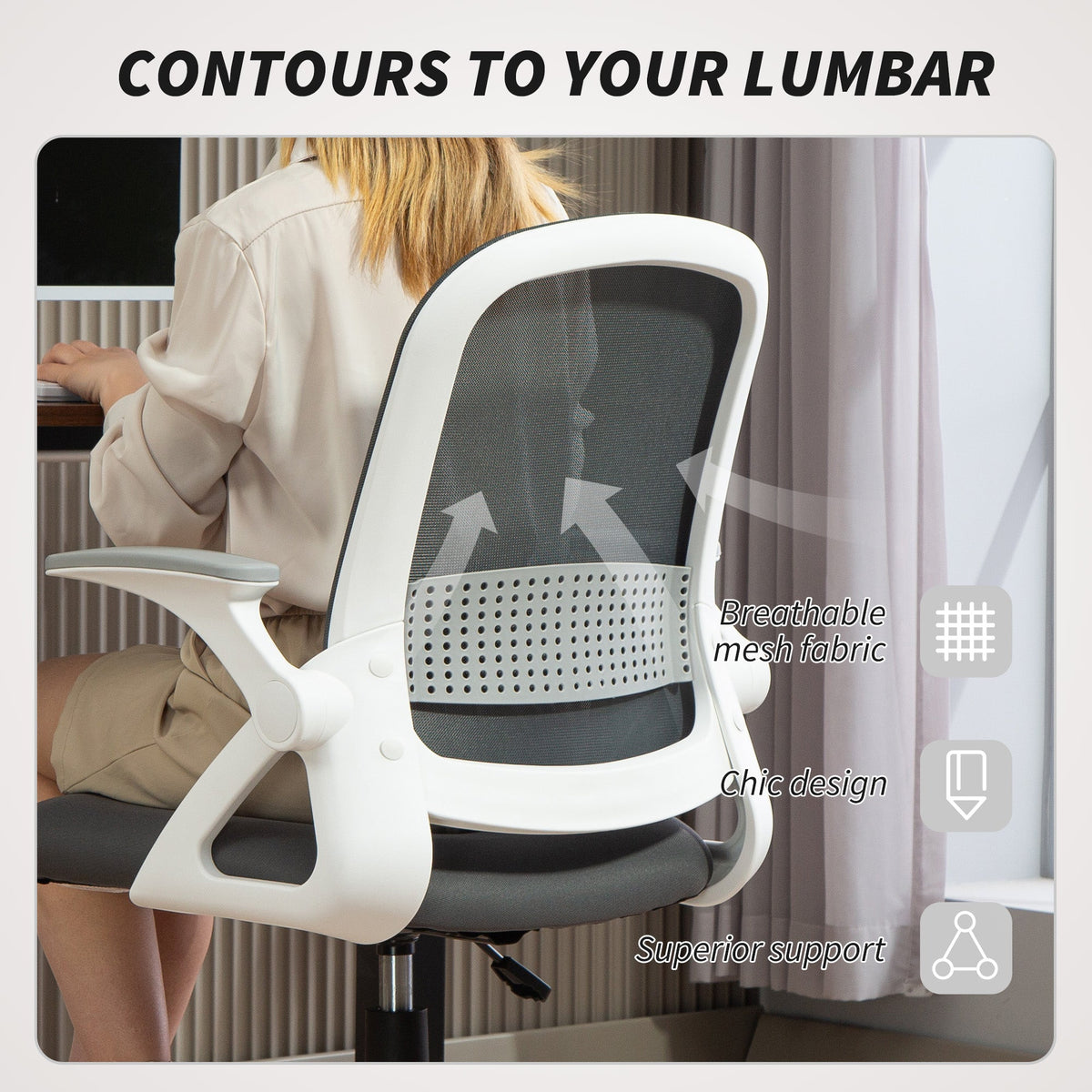 HOMCOM Breathable Mesh Office Chair, Ergonomic Swivel Computer Chair with Flip-up Armrests, Lumbar Back Support for